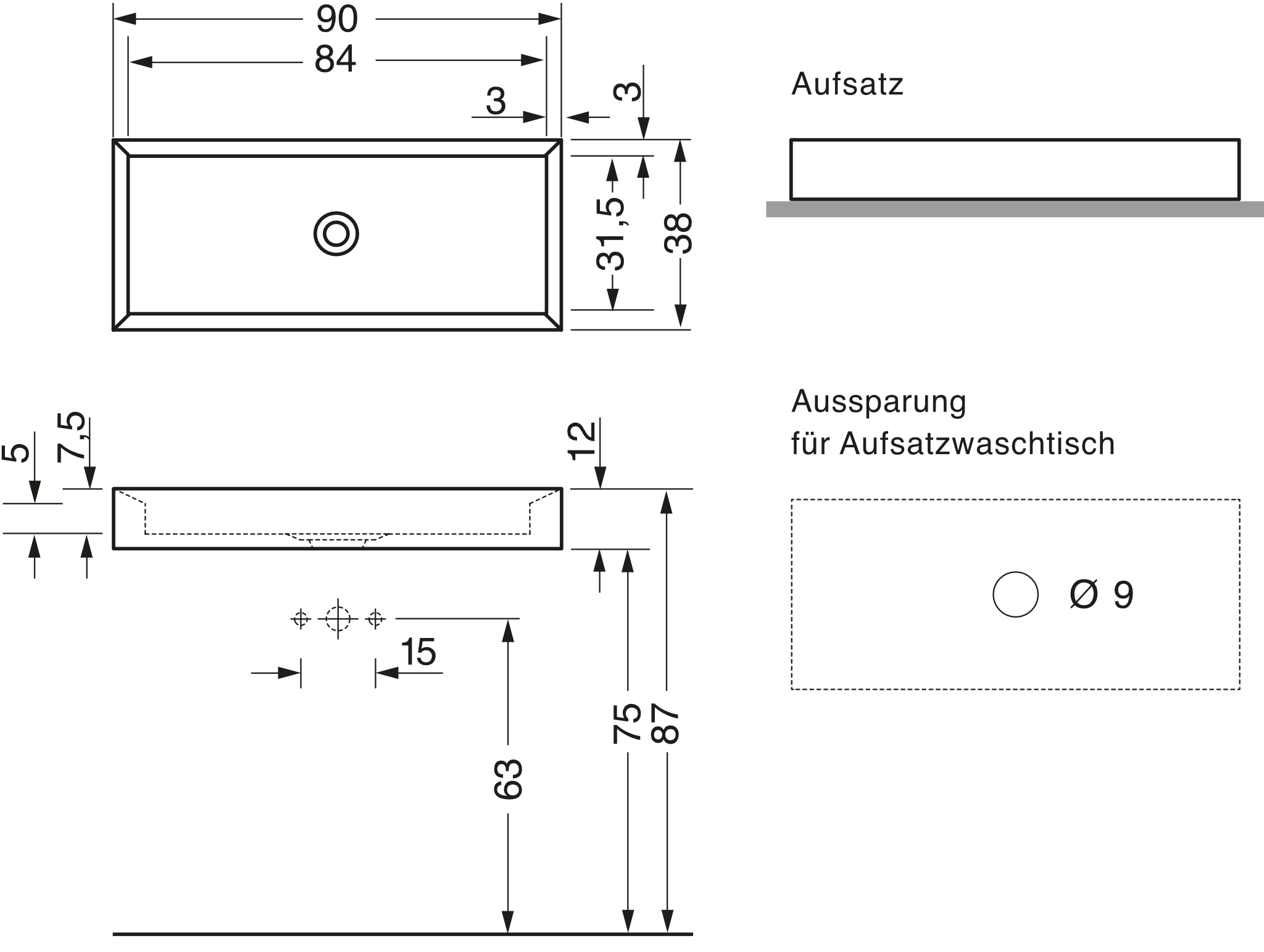 repaBAD Aufsatzwaschtisch „Cut“ 900 × 380 × 120 mm, ohne Hahnlochbohrung, mittig in Weiß Matt