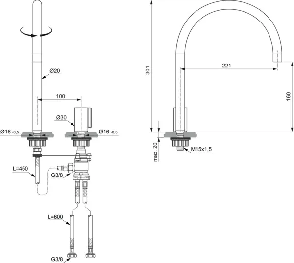 Einhand-Waschtischarmatur „Solos“ Ausladung 221 mm in Chrom