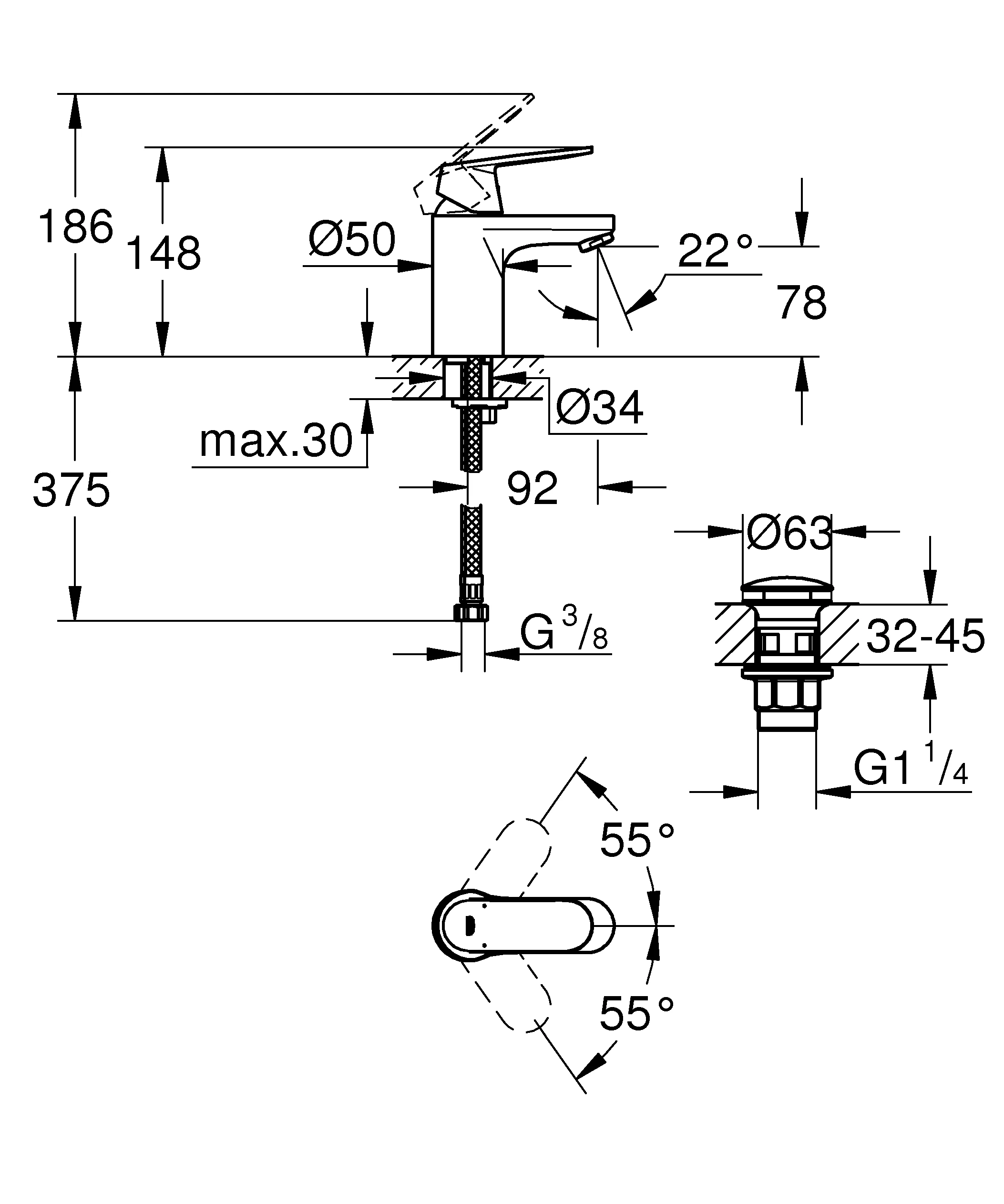 Einhand-Waschtischbatterie Eurosmart Cosmopolitan 23925, S-Size, Einlochmontage, glatter Körper, Push-open Ablaufgarnitur 1 1/4'', chrom