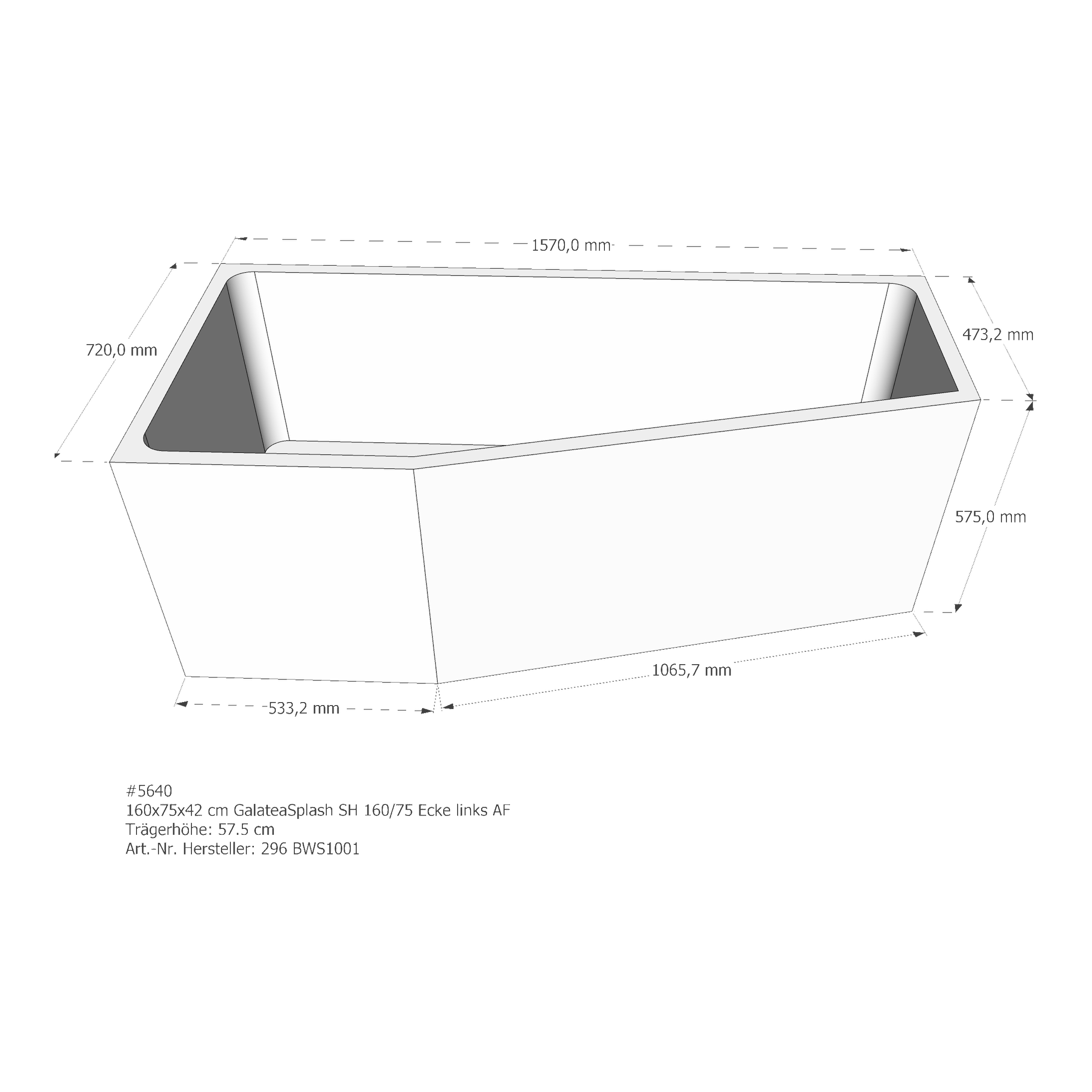 Badewannenträger für Galatea-Splash SH 160/75 Ecke links 160 × 75 × 42 cm