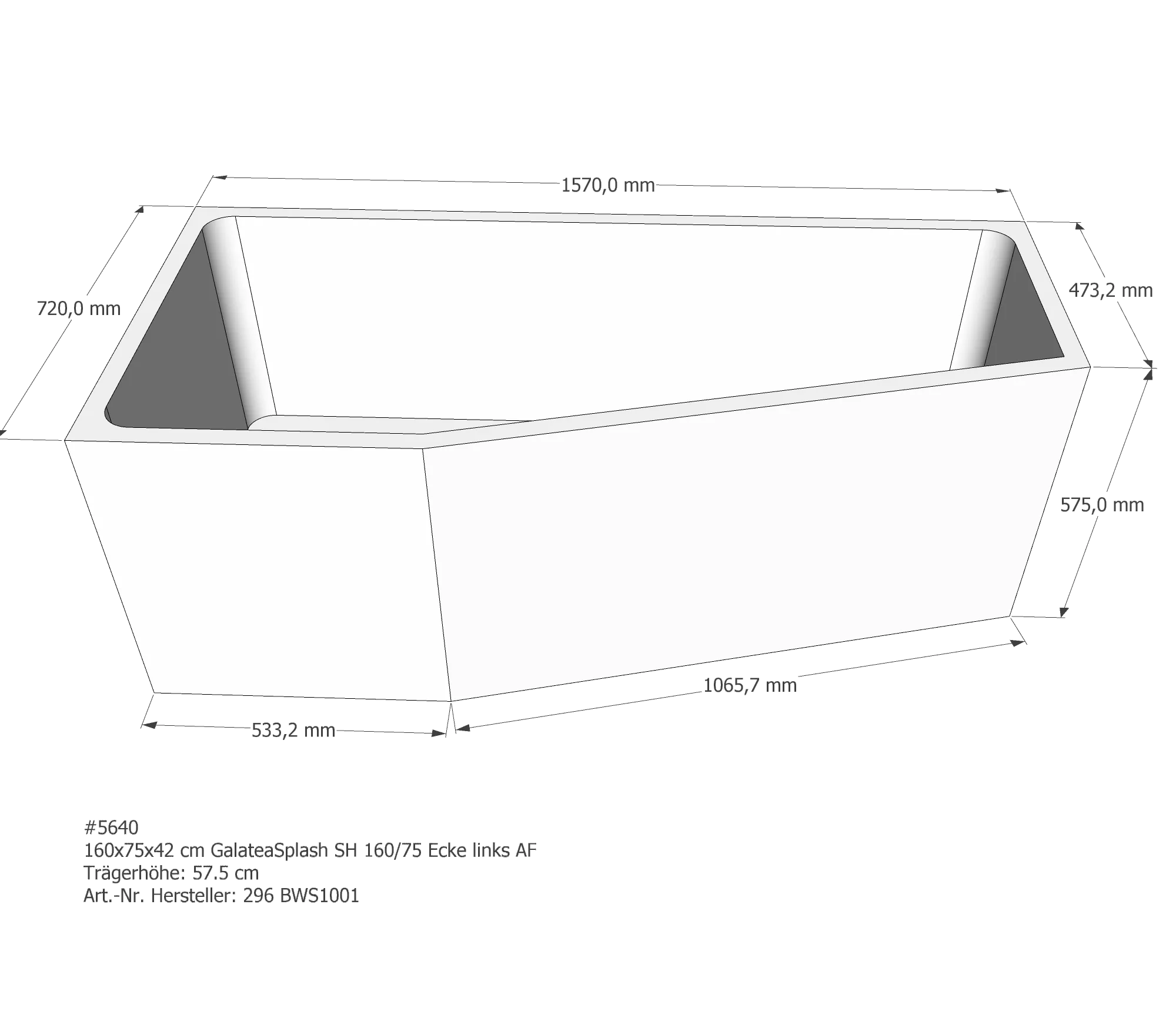 Badewannenträger für Galatea Splash SH 160/75 Ecke links links 160 × 75 × 42 cm