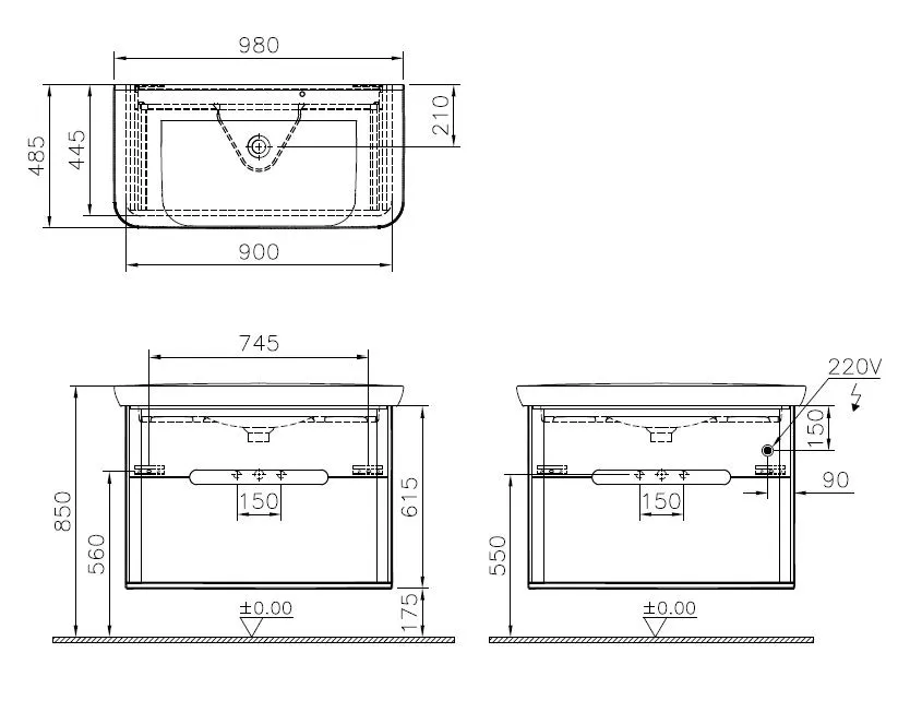 VitrA Sento Set 98 cm Waschtisch + Unterschrank 2 Laden Hellgrau Matt