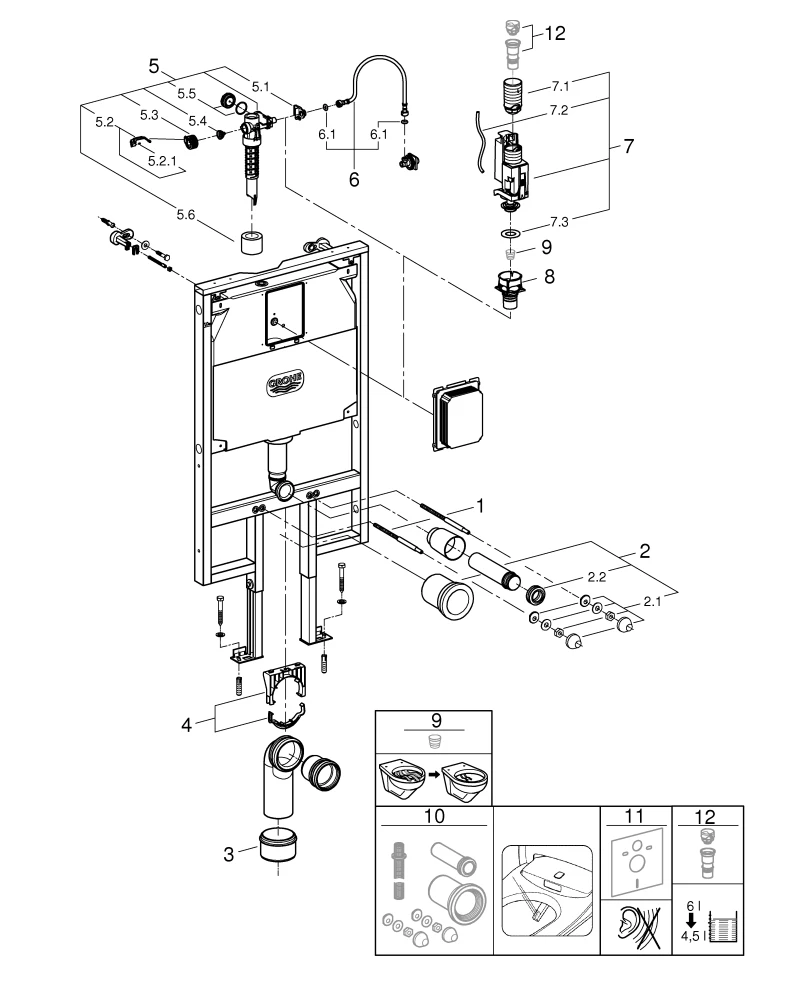 Wand-WC-Element Rapid SL 38994, mit Spülkasten 80 mm, 1,13 m Bauhöhe, Elementbreite 0,62 m, für Vorwand- oder Ständerwandmontage, mit Wandwinkeln