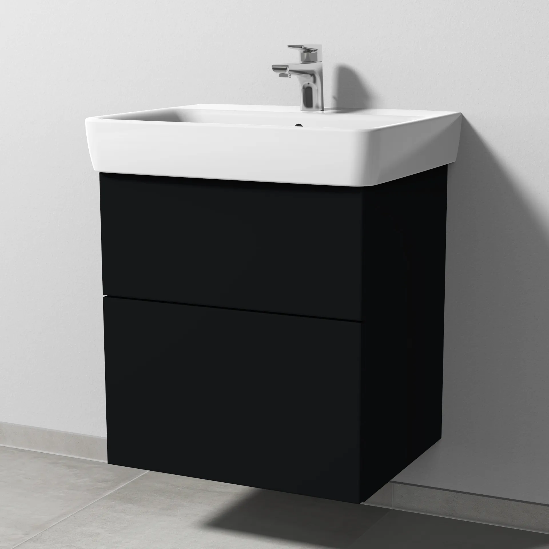 Sanipa Waschtischunterschrank „3way“ passend zu Keramik-Waschtische Renova Plan von Geberit 540 × 588 × 447 mm in Schwarz (matt), Becken mittig