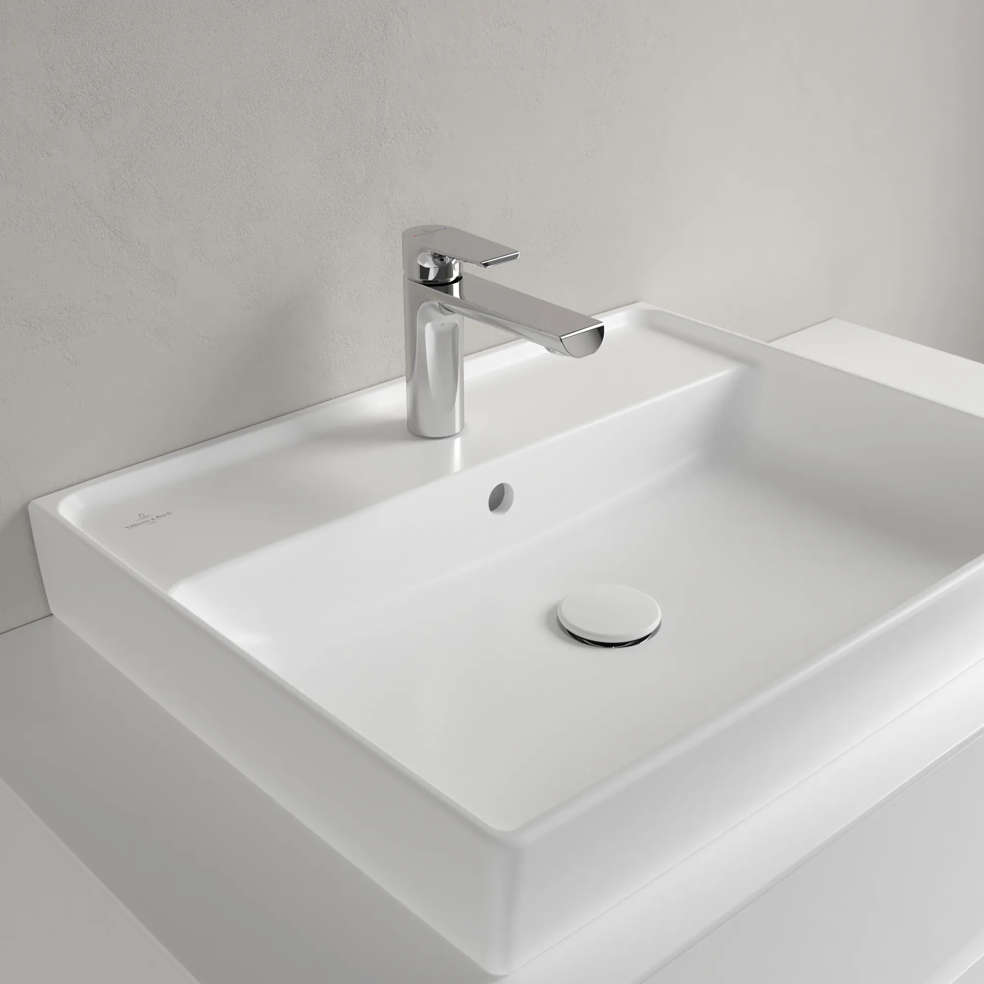Villeroy & Boch Wandwaschtisch aus TitanCeram geschliffen „Collaro“ 600 × 470 × 160 mm, mit Hahnlochbohrung, Hahnlochposition mittig in Stone White