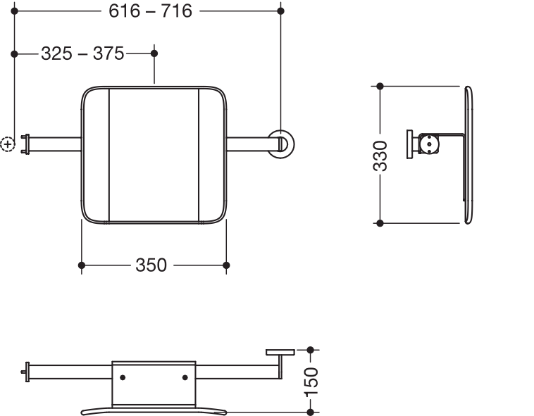 Rückenstütze, System 900, Anbindung Edst. PVD., Lehne Kst., schwarz, Achsmaß verstellbar 616-716 mm, T: 150 mm, einseitig Wandmontage mit Rosetten (links), einseitig Montage an SK-Griffen, Design (A) (rechts), in Farbe CK (messing glänzend)