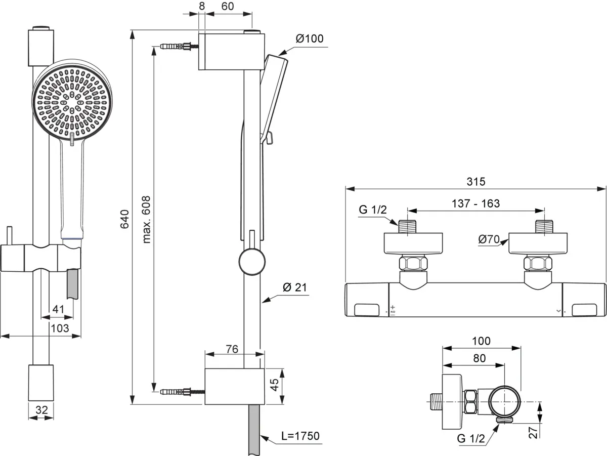 Ideal Standard Ceratherm T25 N 600mm 2-Funktions-Handbrause Chrom Ideal Standard Ceratherm T25 N 600mm 2-Funktions-Handbrause Chrom