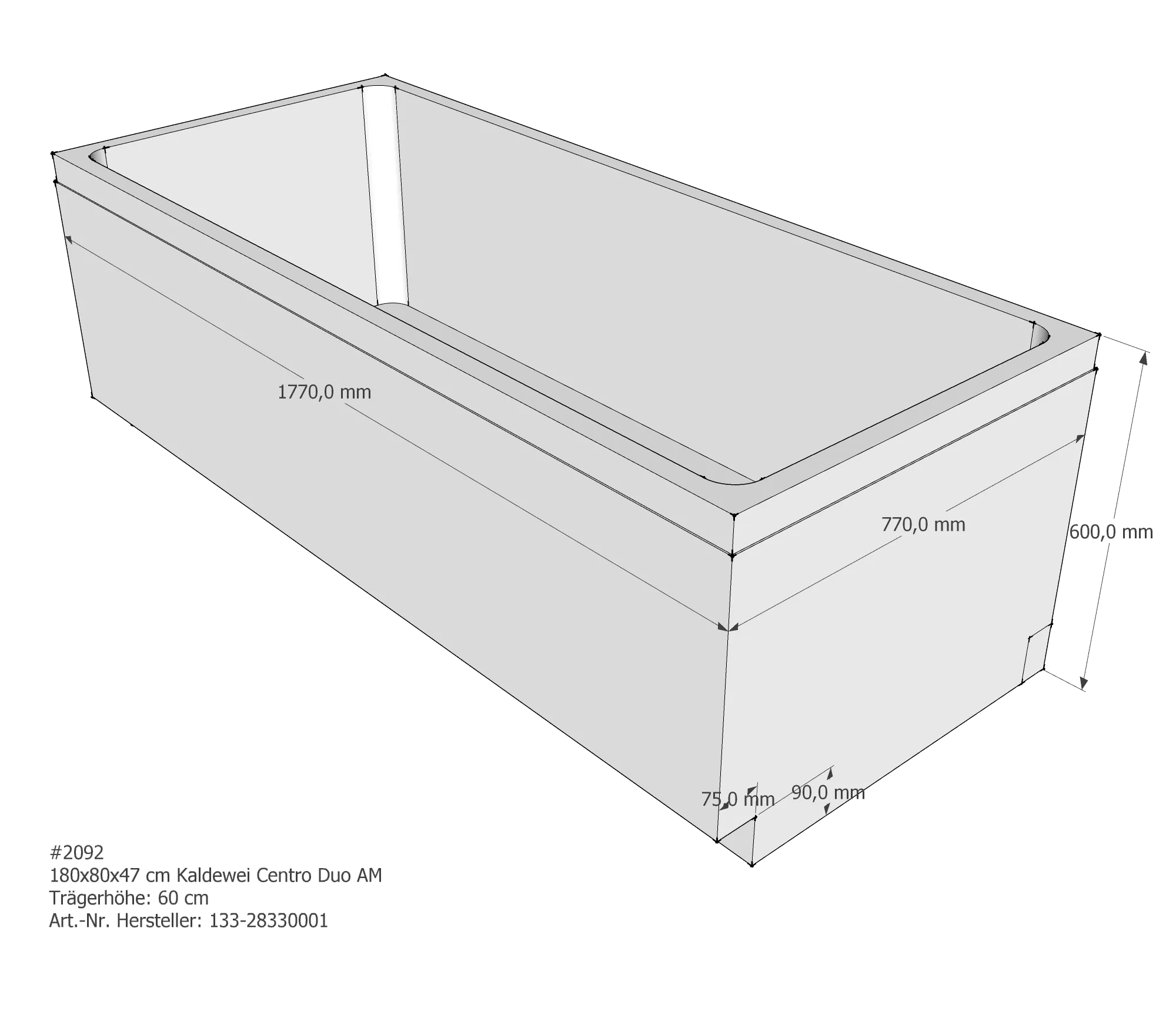 Badewannenträger für Kaldewei Centro Duo 180 × 80 × 47 cm Breite: 80 cm / Länge: 180 cm