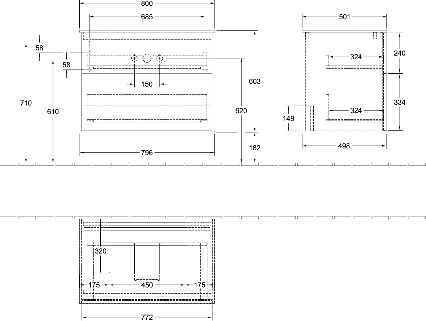 Villeroy & Boch Waschtischunterschrank „Finion“ für Schrankwaschtisch 80 × 60,3 × 50,1 cm 2 Schubladen, für Waschtischposition mittig