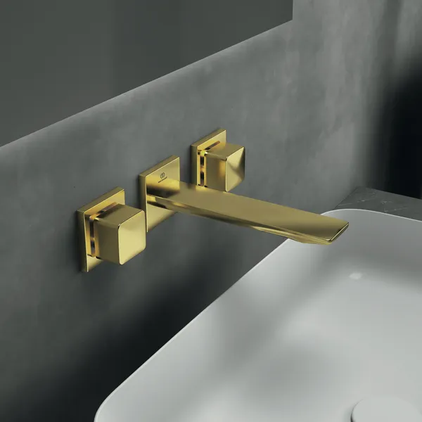 Wand-Waschtischarmatur Conca, Bausatz 2, eckige Rosetten, Ausladung 180mm, Brushed Gold Wand-Waschtischarmatur Conca, Bausatz 2, eckige Rosetten, Ausladung 180mm, Brushed Gold