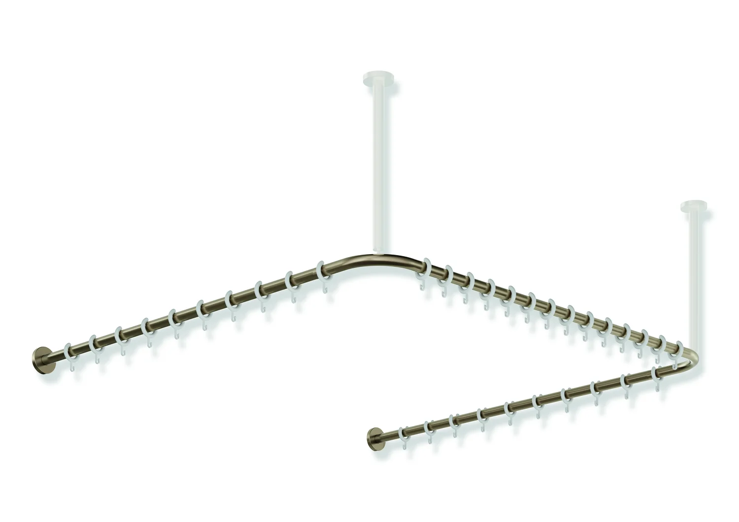 HEWI Vorhangstange System 900, Edelstahl PVD Bronze gebürstet, Achsmaß 1.187 x 1.175 x 1.187 mm, 34 Ringe aus weißem POM, Stangendurchmesser 25 mm