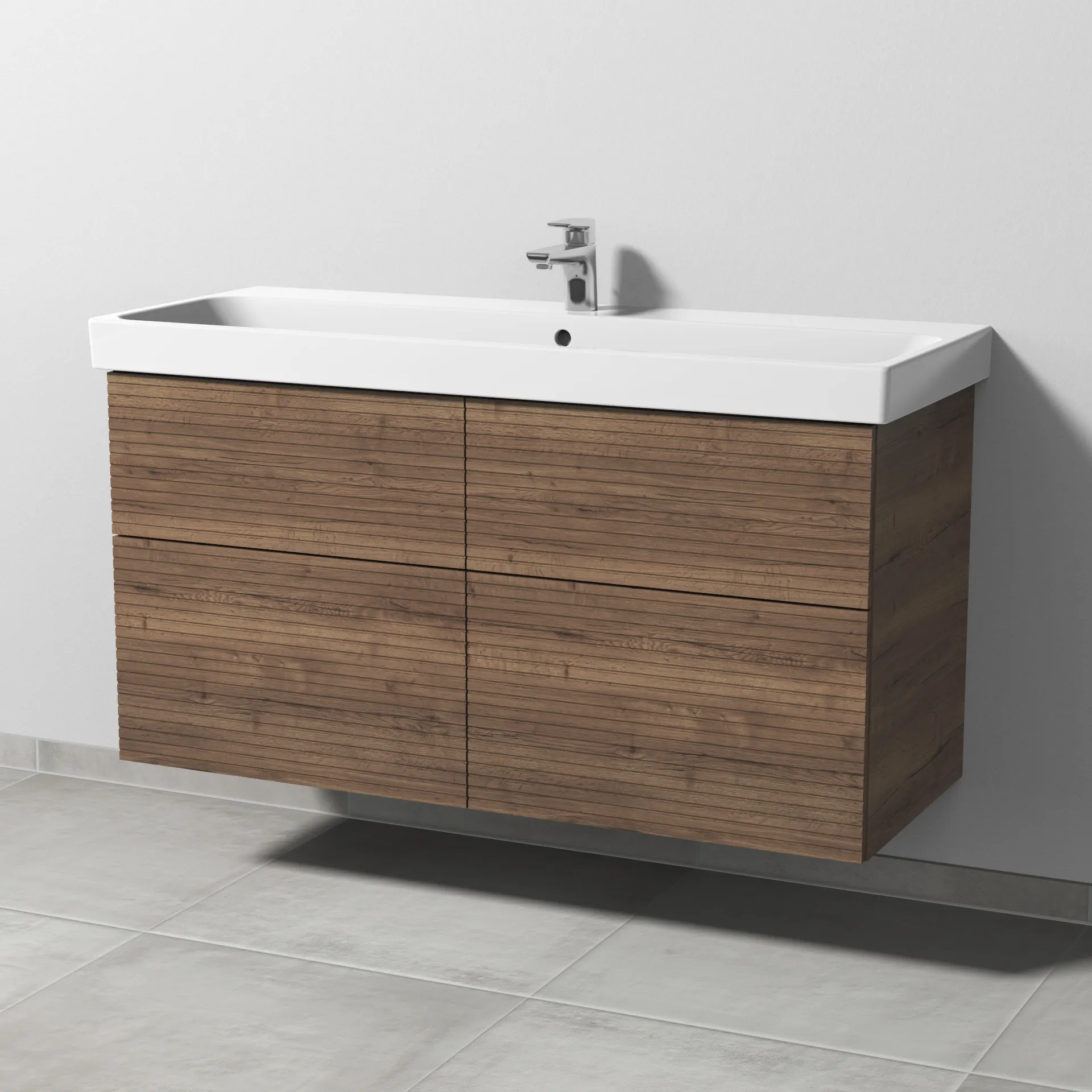 Sanipa Waschtischunterschrank „3way“ Struktur 1150 × 588 × 453 mm in Eiche Tabak, mit Hahnlochbohrung, Becken mittig