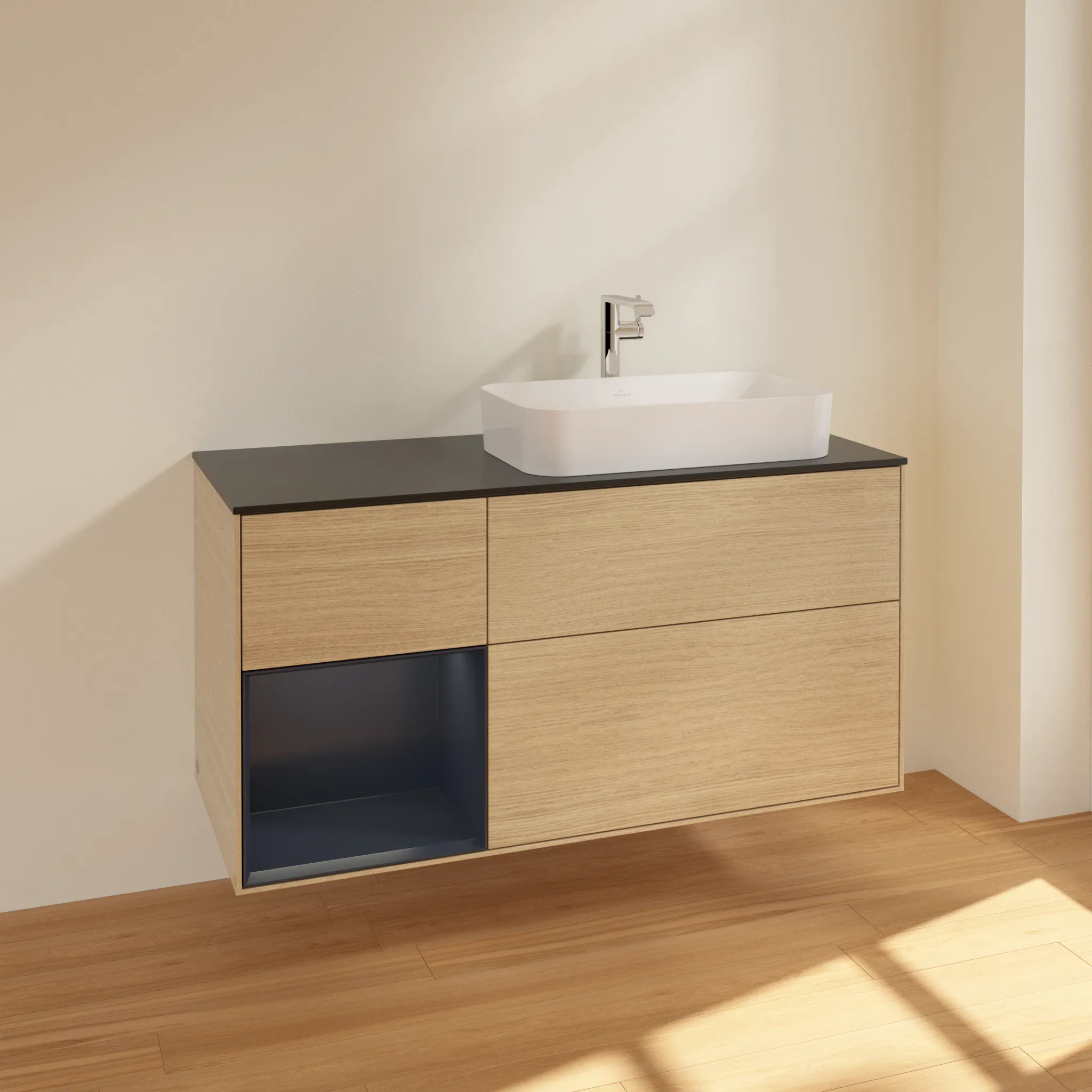 Villeroy & Boch Waschtischunterschrank „Finion“ für Schrankwaschtisch 1200 × 603 × 501 mm Oak Veneer, mit Hahnlochbohrung, für Becken rechts Villeroy & Boch Waschtischunterschrank „Finion“ für Schrankwaschtisch 1200 × 603 × 501 mm Oak Veneer, mit Hahnlochbohrung, für Becken rechts