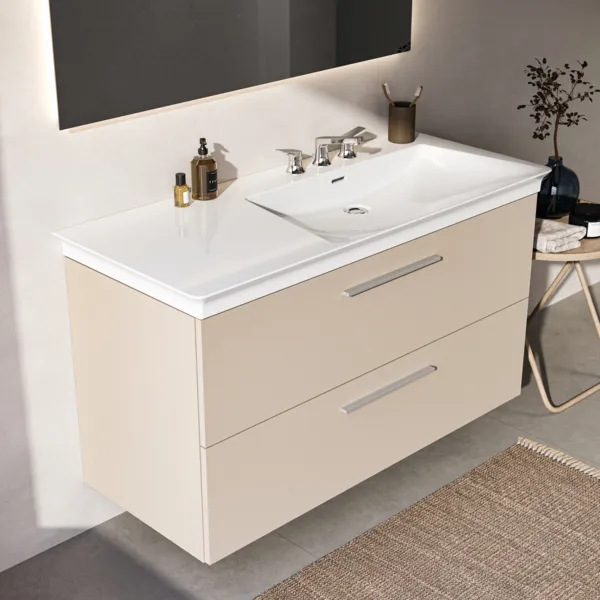 Möbelwaschtischunterschrank i.life B 2 Auszüge Siphonausschnitt auf der rechten Seite 1200x505x630mm Weiß matt Möbelwaschtischunterschrank i.life B 2 Auszüge Siphonausschnitt auf der rechten Seite 1200x505x630mm Weiß matt