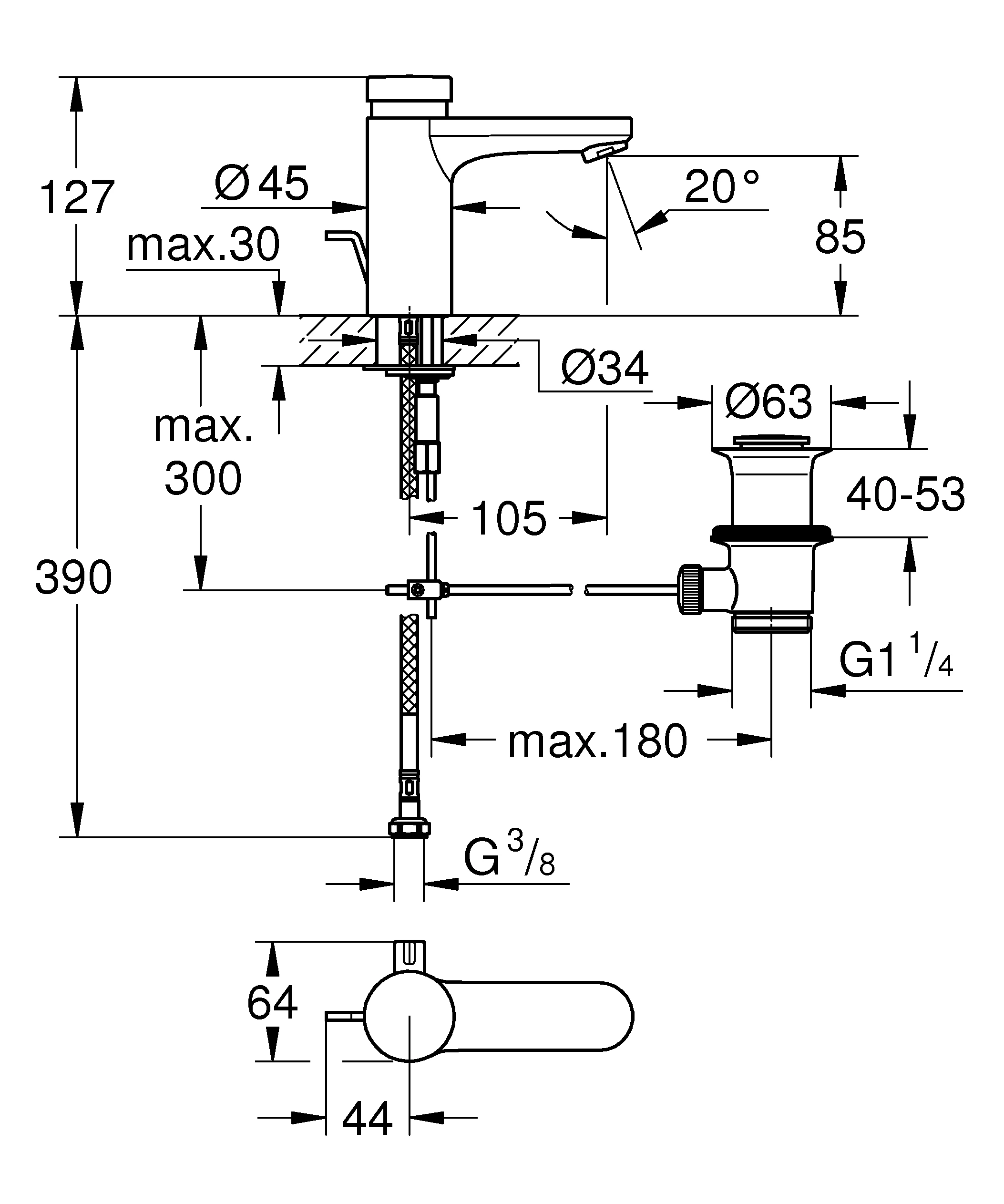 Selbstschluss-Waschtischbatterie Eurosmart CT 36318, mit Mischung, Zugstangen-Ablaufgarnitur 1 1/4'', chrom