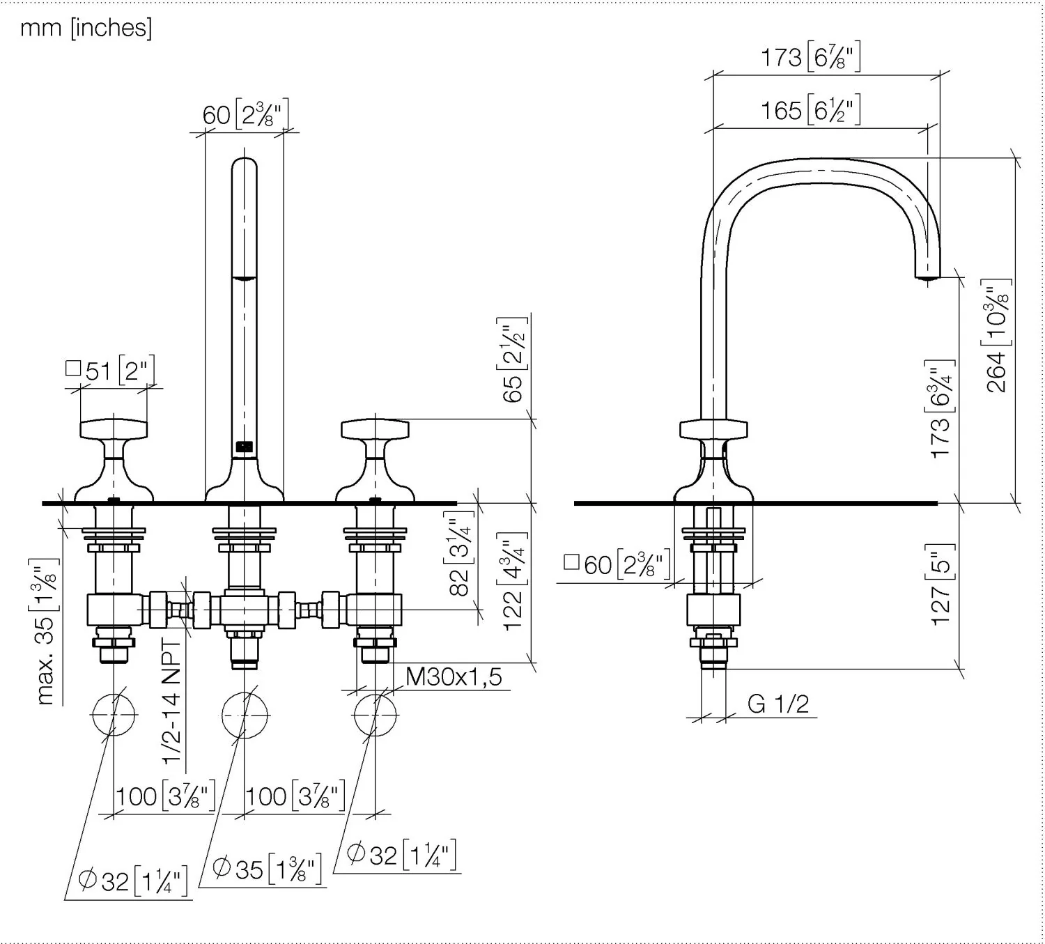 Dornbracht COYA Waschtisch-Dreilochbatterie Chrom, Ausladung 165 mm, Armaturenhöhe 264 mm, Bohrungsdurchmesser Seitenventil 32 mm, Auslauf 35 mm, Rosette 60 x 60 mm Dornbracht COYA Waschtisch-Dreilochbatterie Chrom, Ausladung 165 mm, Armaturenhöhe 264 mm, Bohrungsdurchmesser Seitenventil 32 mm, Auslauf 35 mm, Rosette 60 x 60 mm