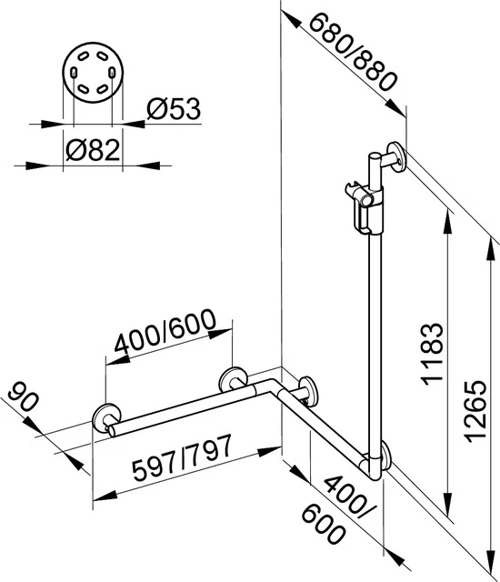 Plan Care 34908174611 Duschhandlauf mit Brausestange rechts/links 597/880/1265 mm silber-eloxiert