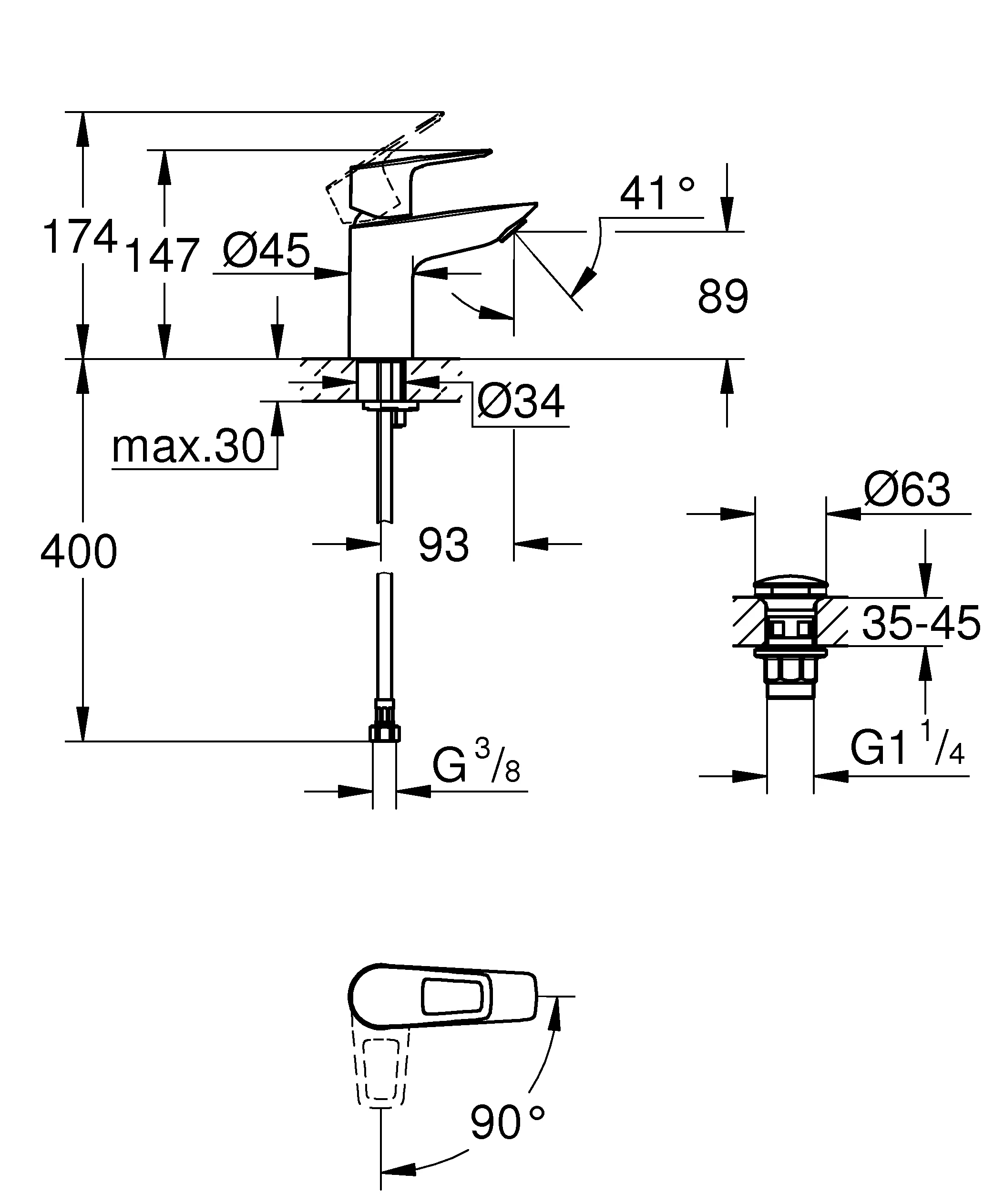 Einhand-Waschtischbatterie BauLoop 23883_1, S-Size, Energie-Sparfunktion Mittelstellung kalt, Einlochmontage, Temperaturbegrenzer, EcoJoy 5,7 l/min Mousseur, glatter Körper, Push-open Ablaufgarnitur aus Kunststoff 1 1/4″, chrom