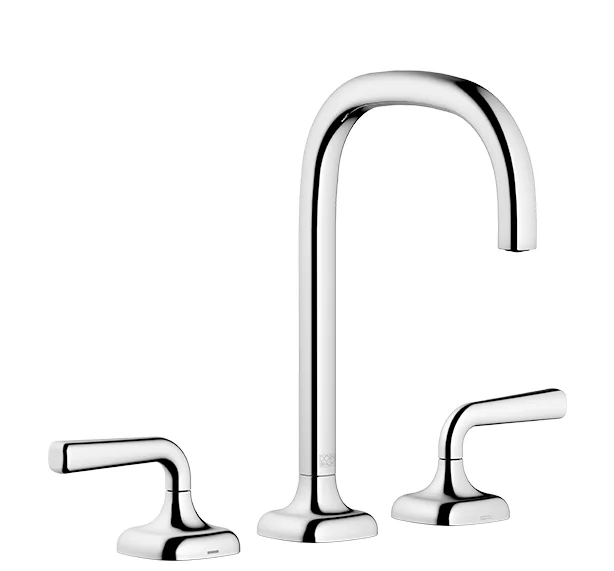 Dornbracht COYA Waschtisch-Dreilochbatterie mit Ablaufgarnitur Chrom, Ausladung 165 mm, Armaturenhöhe 264 mm, Bohrungsdurchmesser Seitenventil 32 mm, Auslauf 35 mm, Rosette 60 x 60 mm