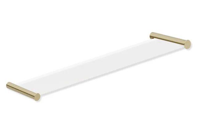 Ablage des Systems 162, Edelstahl, PVD, bestehend aus seitlichen Halteelementen und Ablagefläche aus Glas, 600 mm breit, 122 mm tief, in Farbe CK (Messing glänzend)