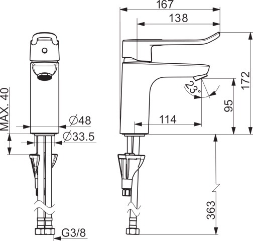 HA Einhebelmischer Waschtischbatterie HANSACARE 4602 Bügelhebel Bedienungshebel lang Ausladung 114 mm Chrom