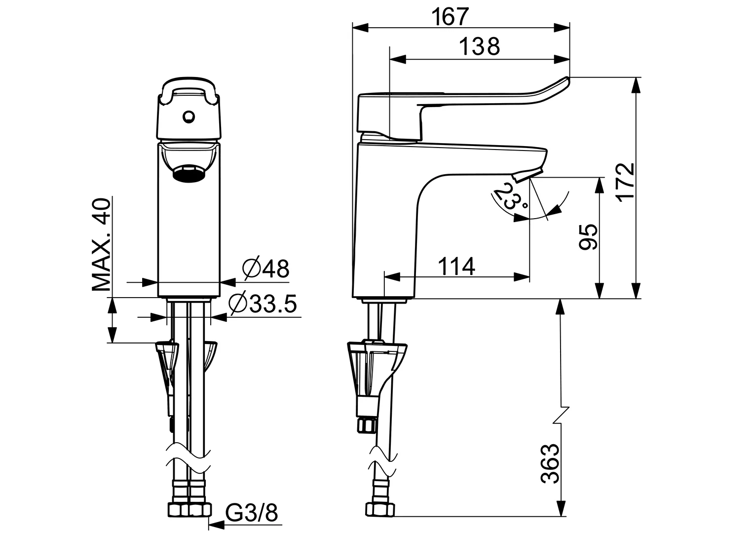 HansaCARE Waschtischarmatur Einhebelmischer HansaCARE 4602 Bügelhebel lang Ausladung 114 mm Chrom