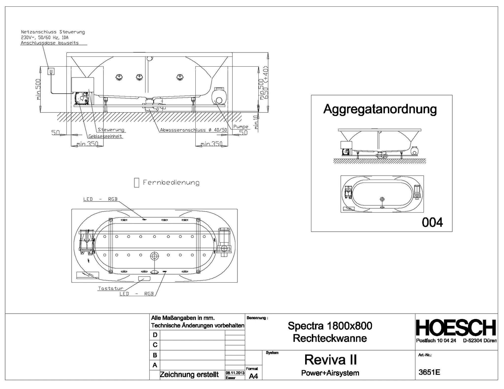 Hoesch Whirlwanne „Spectra“ mit Whirlsystem „Reviva II“ rechteck 180 × 80 cm, rechteckig