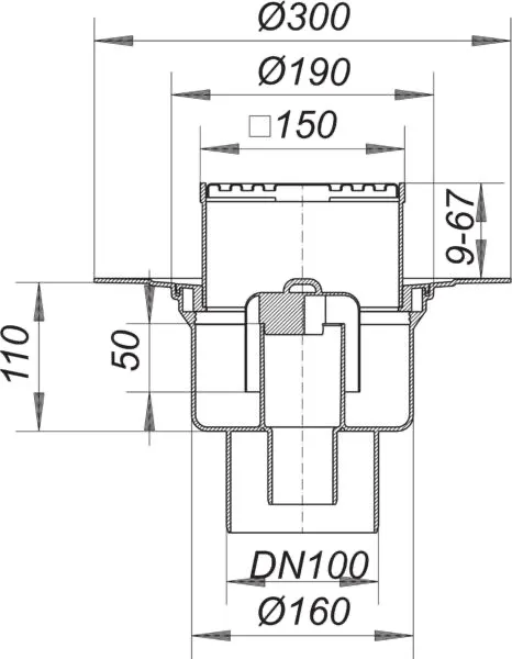 Bodenablauf 61 HT/KE, DN 100, 150 x 150 mm