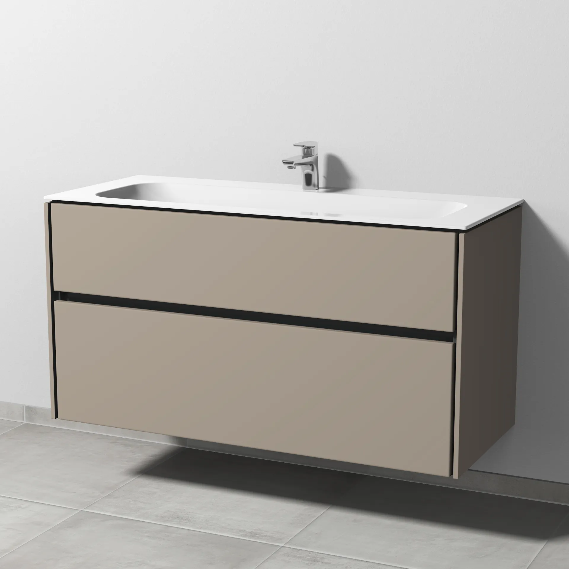 Keramik-Waschtisch-Set mit Waschtischunterschrank „Twiga“ 119 × 50 × 61 cm in Sandgrau (matt), mit Hahnlochbohrung, ohne Beleuchtung Keramik-Waschtisch-Set mit Waschtischunterschrank „Twiga“ 119 × 50 × 61 cm in Sandgrau (matt), mit Hahnlochbohrung, ohne Beleuchtung