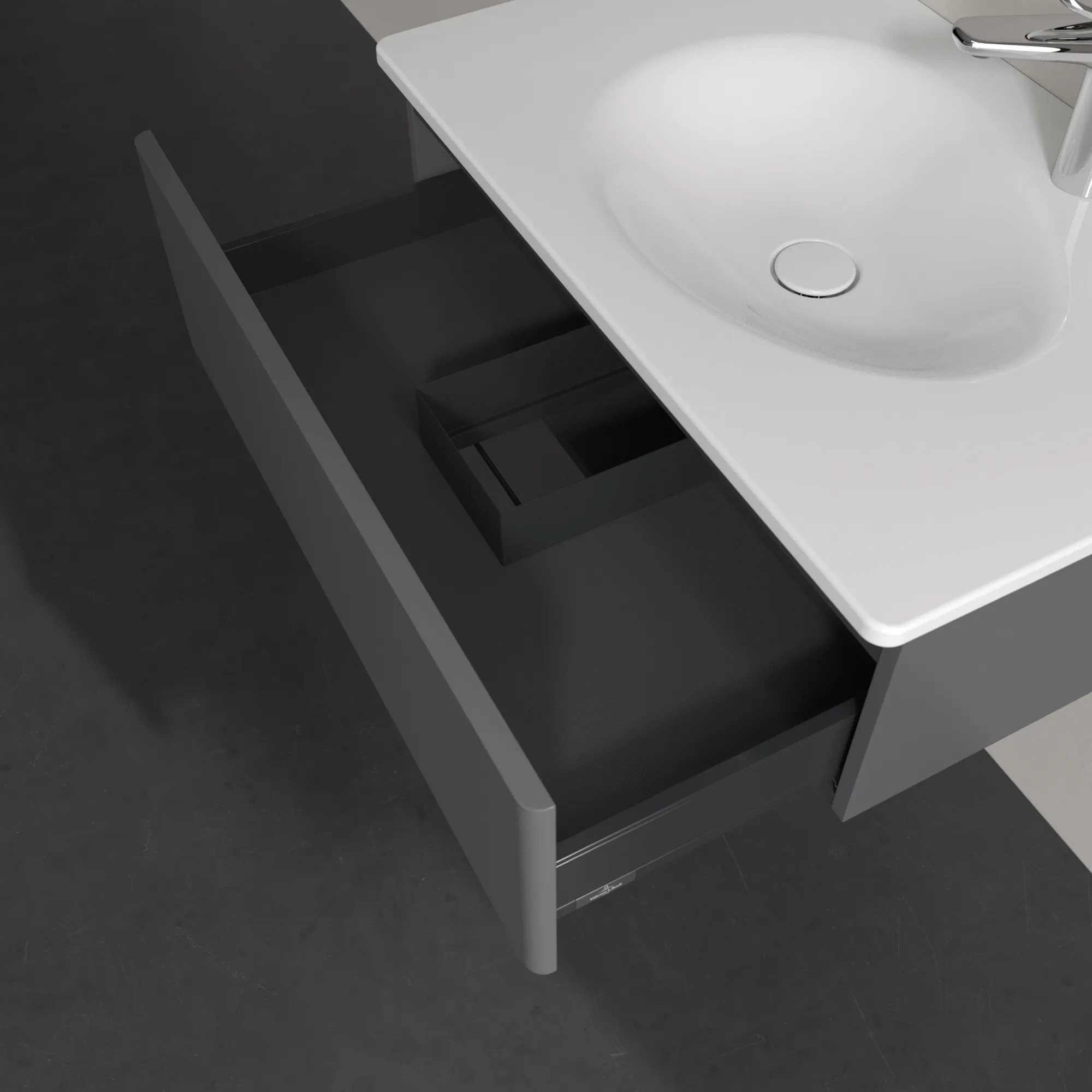 Villeroy & Boch Waschbeckenunterschrank Antao K01, Anthracite Matt Lacquer, 788x256x496mm, 256mm Höhe, mittige Wanneneinbauposition, 1 Auszug mit SoftClosing und Push-to-open Funktion Villeroy & Boch Waschbeckenunterschrank Antao K01, Anthracite Matt Lacquer, 788x256x496mm, 256mm Höhe, mittige Wanneneinbauposition, 1 Auszug mit SoftClosing und Push-to-open Funktion