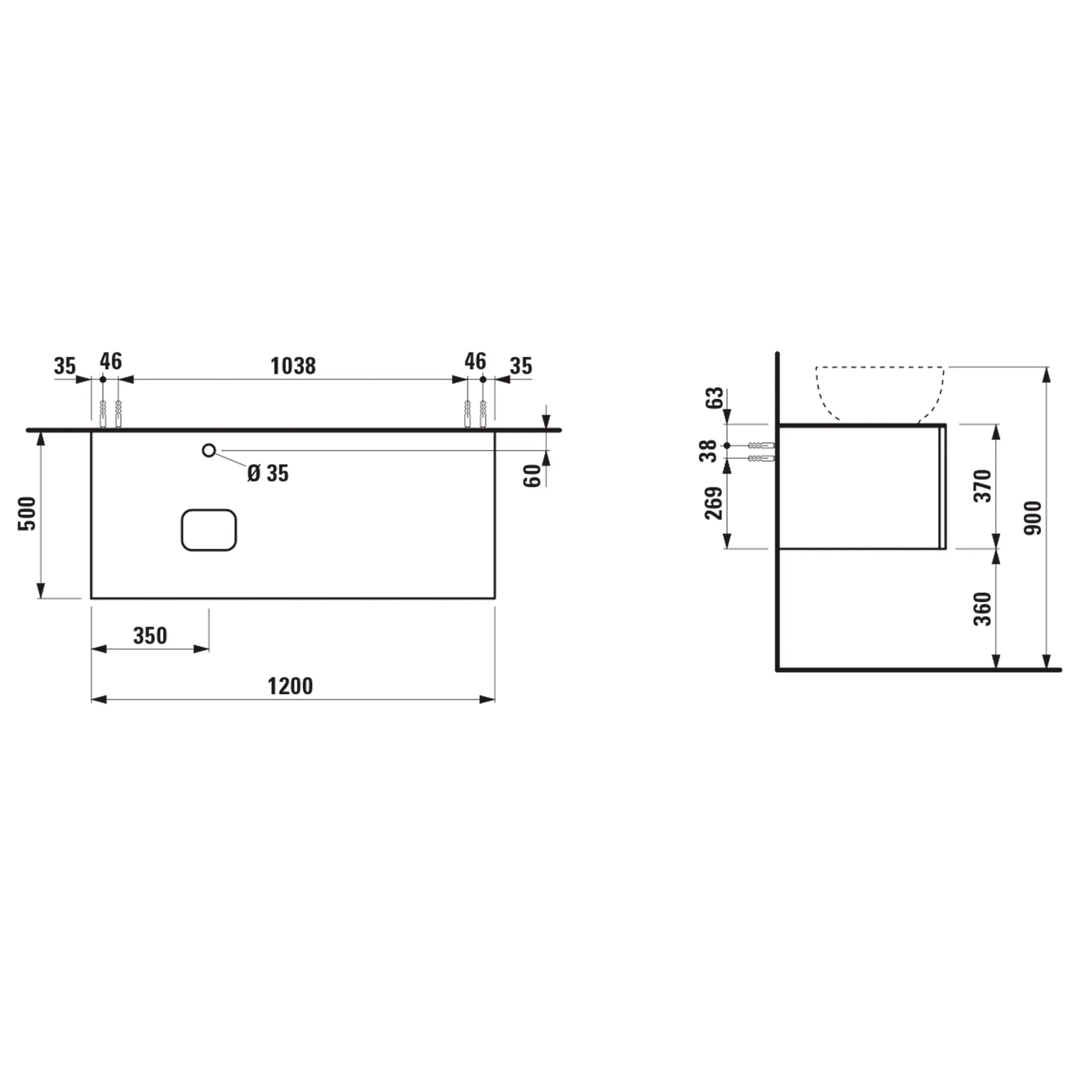 Laufen Schubladenelement „Ilbagnoalessi“ 500 × 370 × 1200 mm Eiche hell, mit Hahnlochbohrung, links