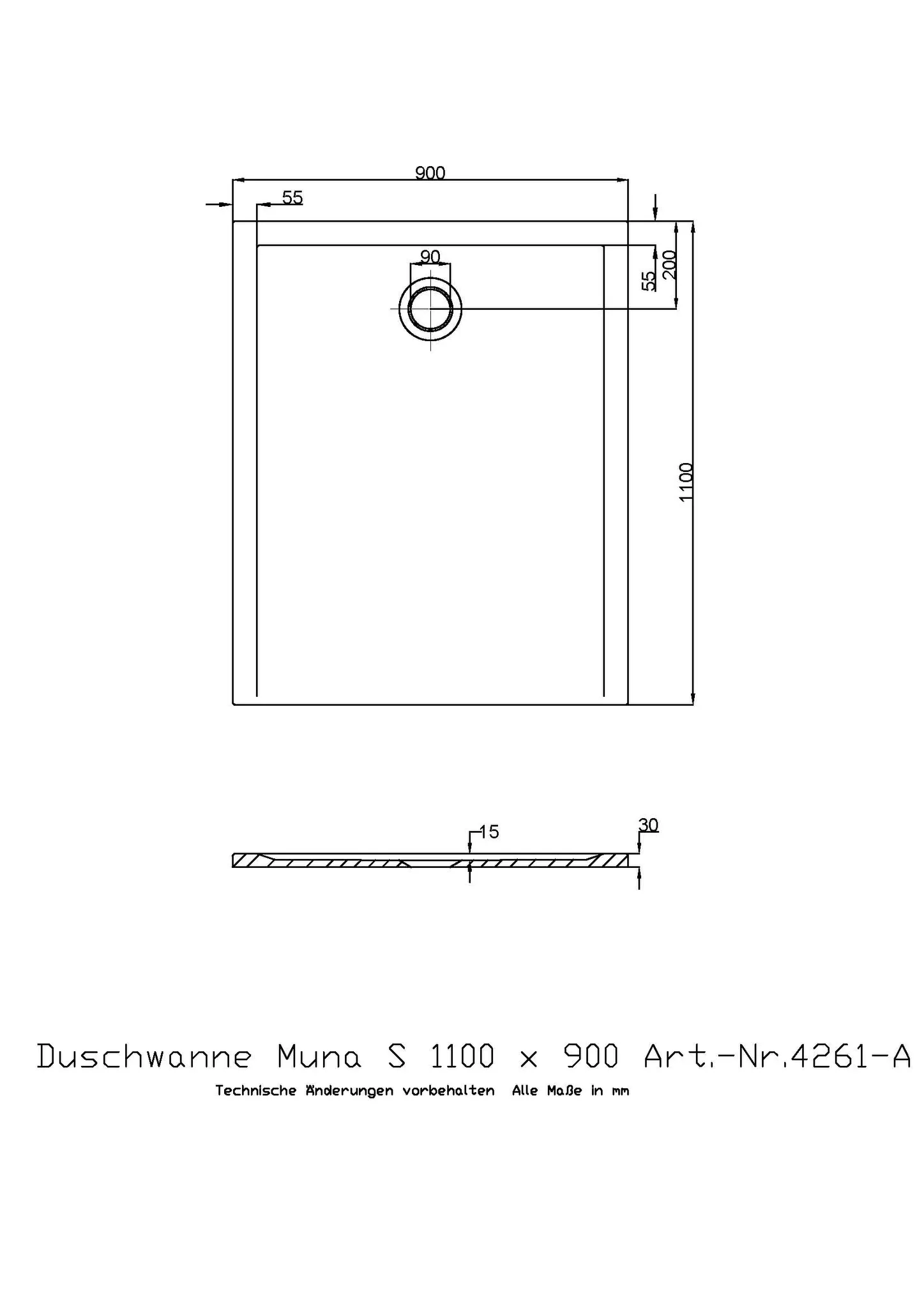 Duschwanne „Muna S“ Rechteck 110 × 90 cm in Weiß