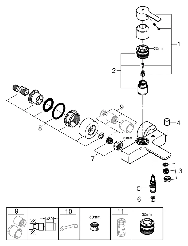 Einhand-Wannenbatterie Lineare 33849_1, Wandmontage, mit Temperaturbegrenzer, chrom