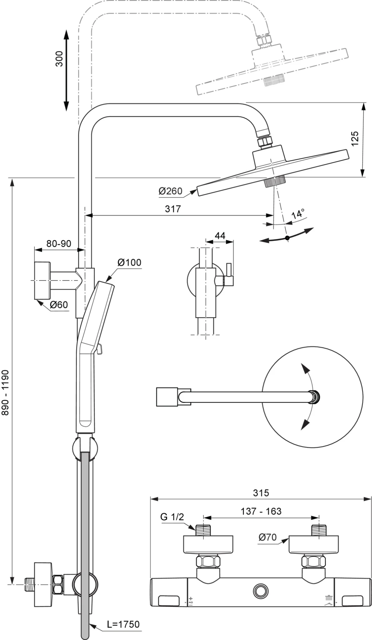 Ideal Standard Ceratherm T25+ Duschsystem mit rundem Chrom-Kopfbrause
