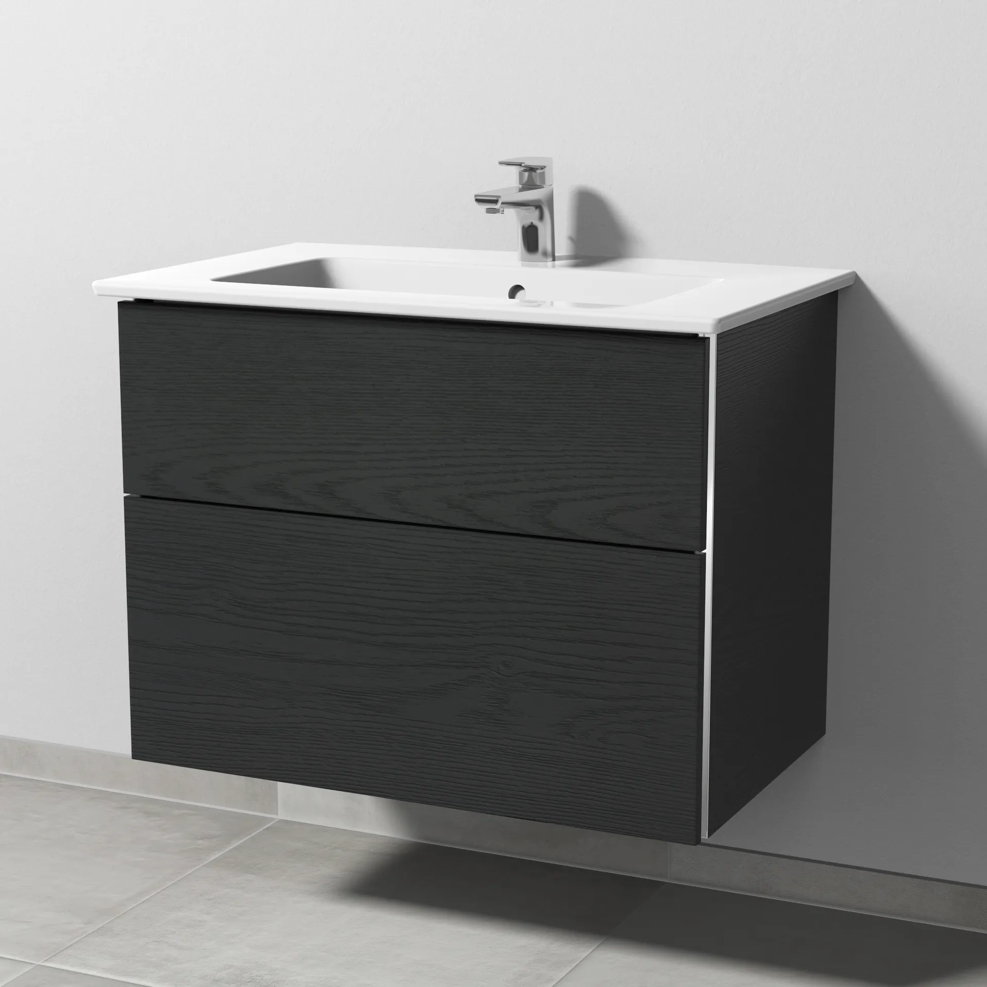 Sanipa Keramik-Waschtisch-Waschtischunterschrank mit Waschtischunterschrank „3way“ 755 × 591 × 477 mm in Black Oak, mit Hahnlochbohrung, Becken mittig