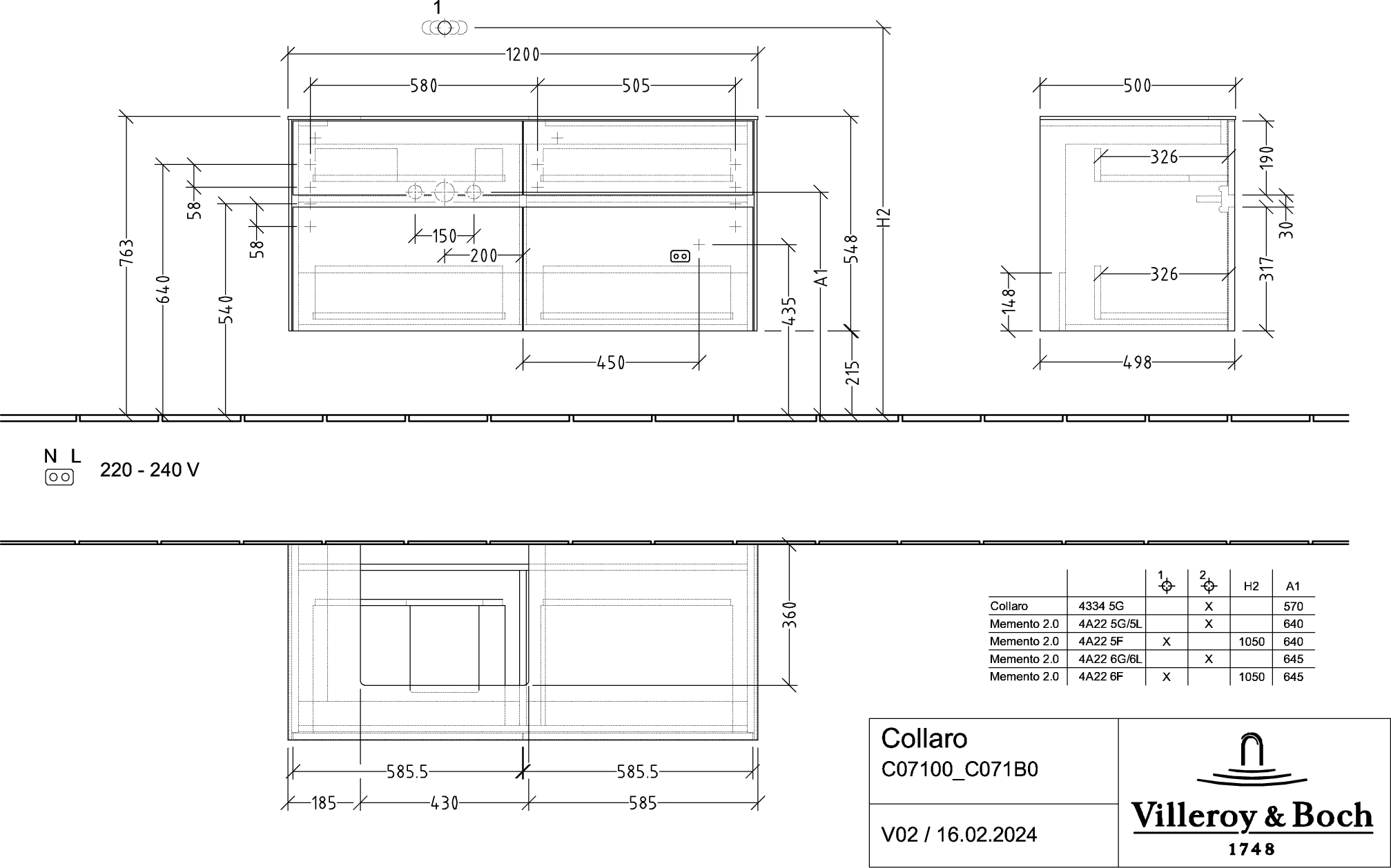 Villeroy & Boch Collaro Waschbeckenunterschrank C071B0, 1200x548x500mm, links, mit Beleuchtung, Taupe