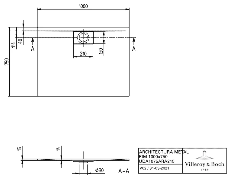 Villeroy & Boch rechteck Duschwanne „Architectura MetalRim“ 100 × 75 cm mit Antirutsch (VILBOgrip), in Weiß Alpin