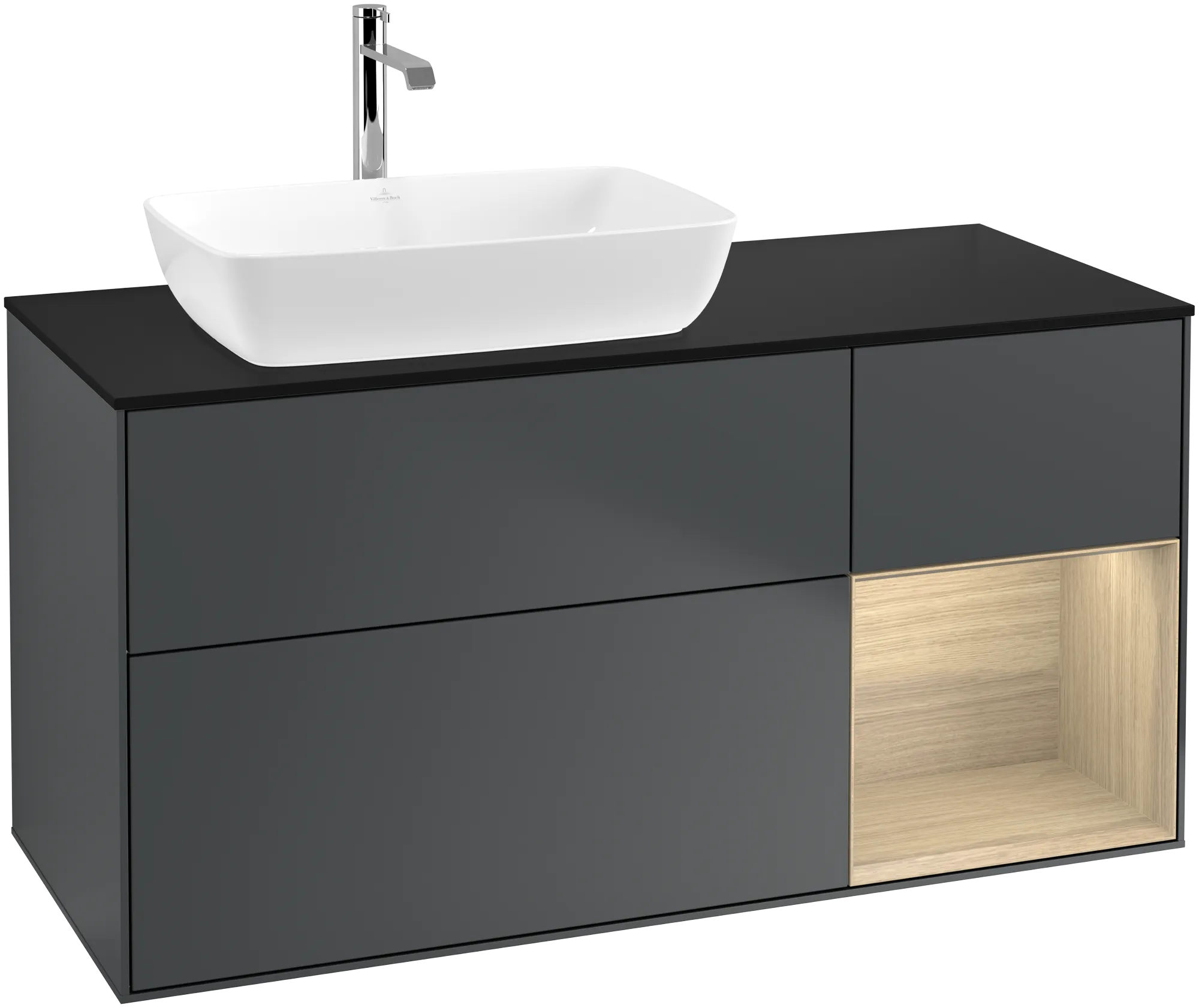 Villeroy & Boch Finion Waschbeckenunterschrank F81, 1200x603x501mm, Midnight Blue Matt Lacquer / Oak Veneer / Glass Black Matt