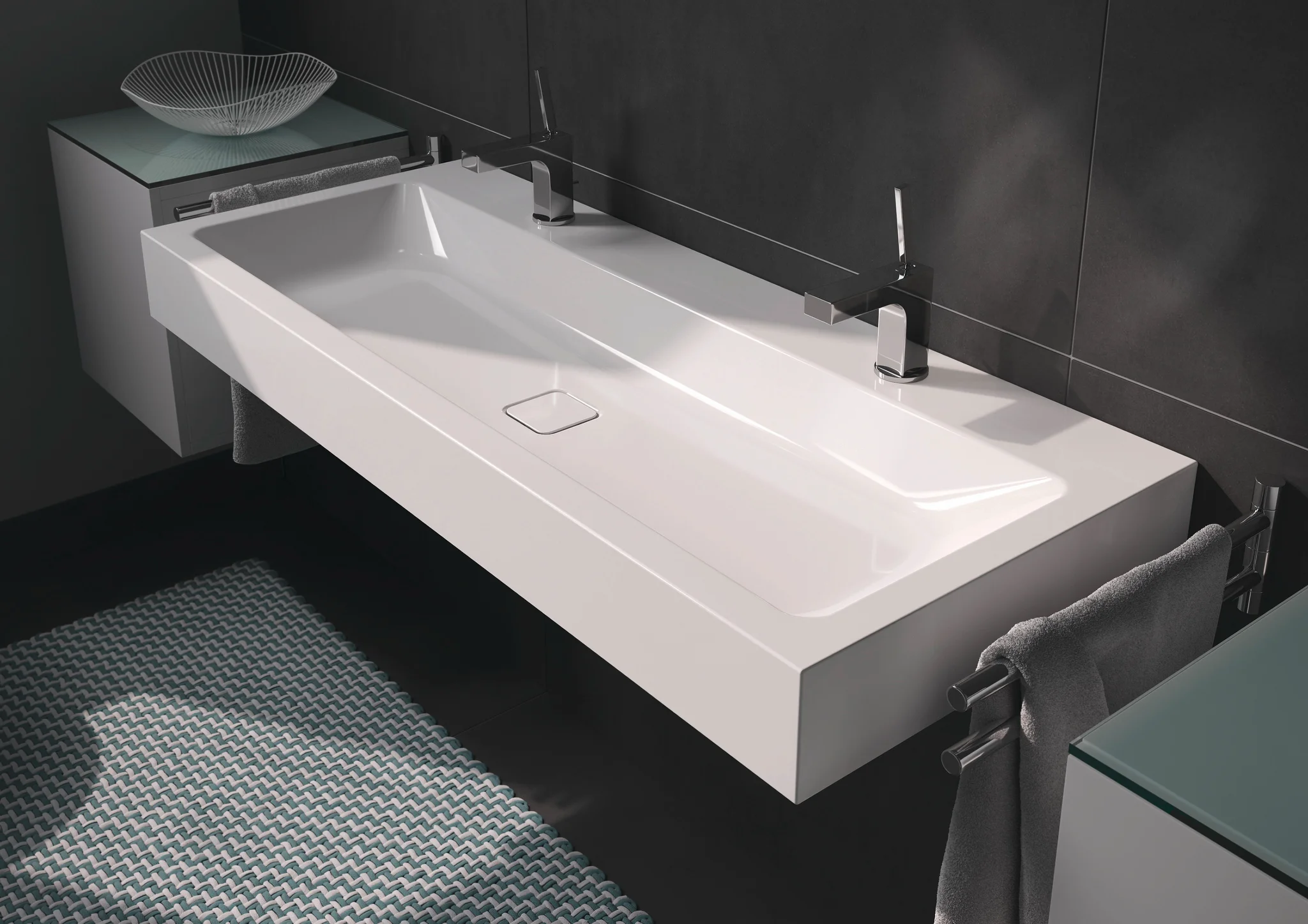 Kaldewei CONO Wand-Doppelwaschtisch, warm beige 20, Perl-Effekt, 1200x500 mm, Randhöhe 120 mm, 2x1er Hahnlochbohrung