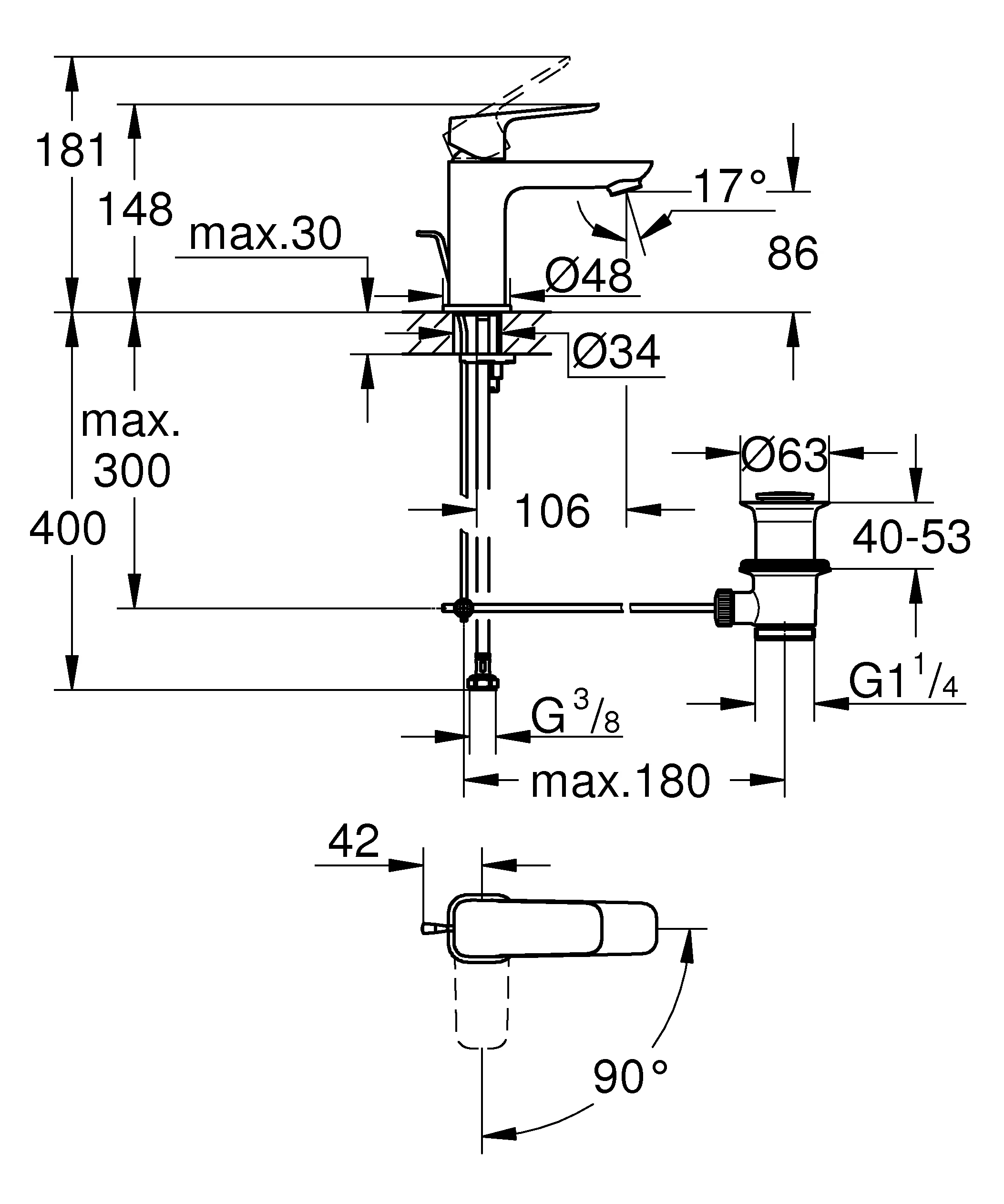 Einhand-Waschtischbatterie Cubeo 101730, S-Size, Mittelstellung kalt Zugstangen-Ablaufgarnitur, chrom