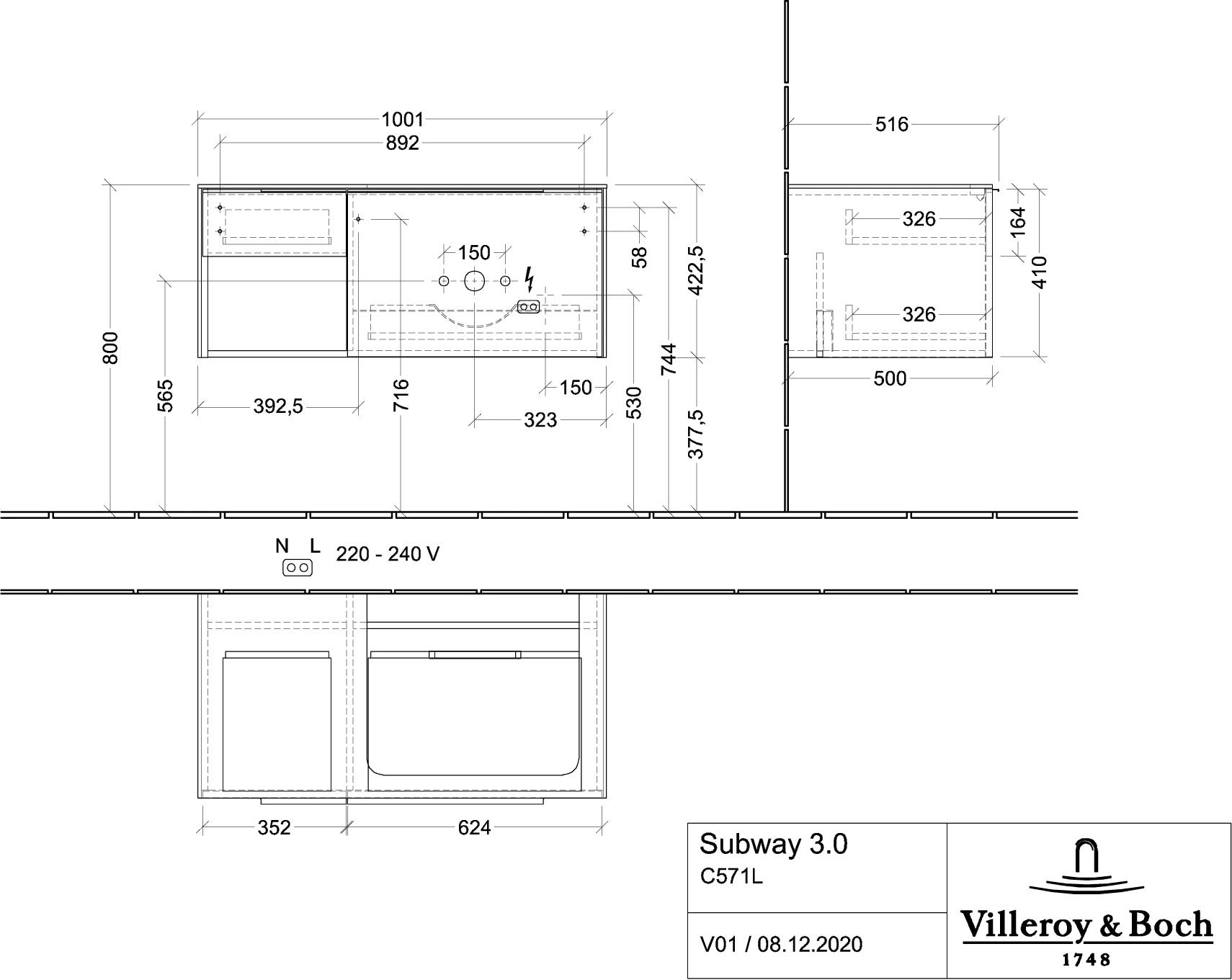 Villeroy & Boch Waschbeckenunterschrank Subway 3.0 Arizona Oak, 1001x423x500 mm, mit Beleuchtung und SoftClosing