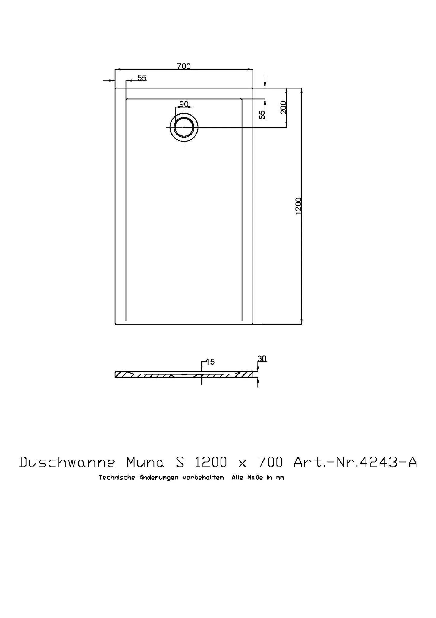 Duschwanne „Muna S“ Rechteck 120 × 70 cm in Telegrau