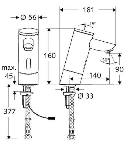 Waschtisch-Armatur PURIS E, Elektronisch, HD-K - Hochdruck Kaltwasser / vorgemischtes Wasser, Infrarot, G 3/8 IG, verlängerter Auslauf, chrom