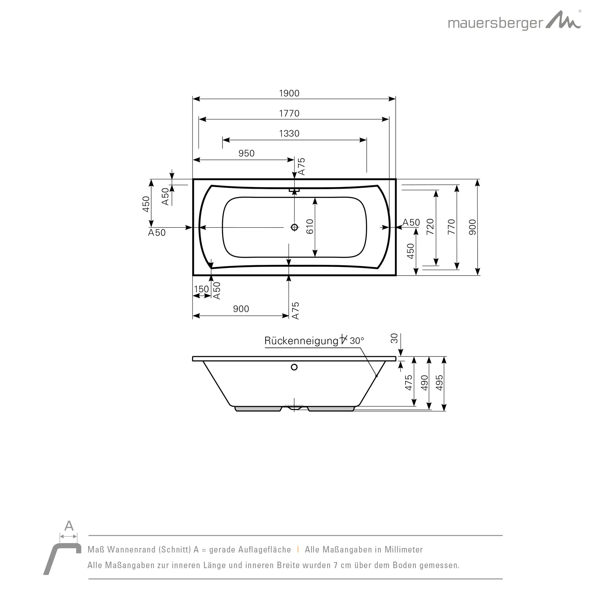 Mauersberger jucunda Acryl-Badewanne Rechteckform jucunda 190/90 duo, rein-weiß