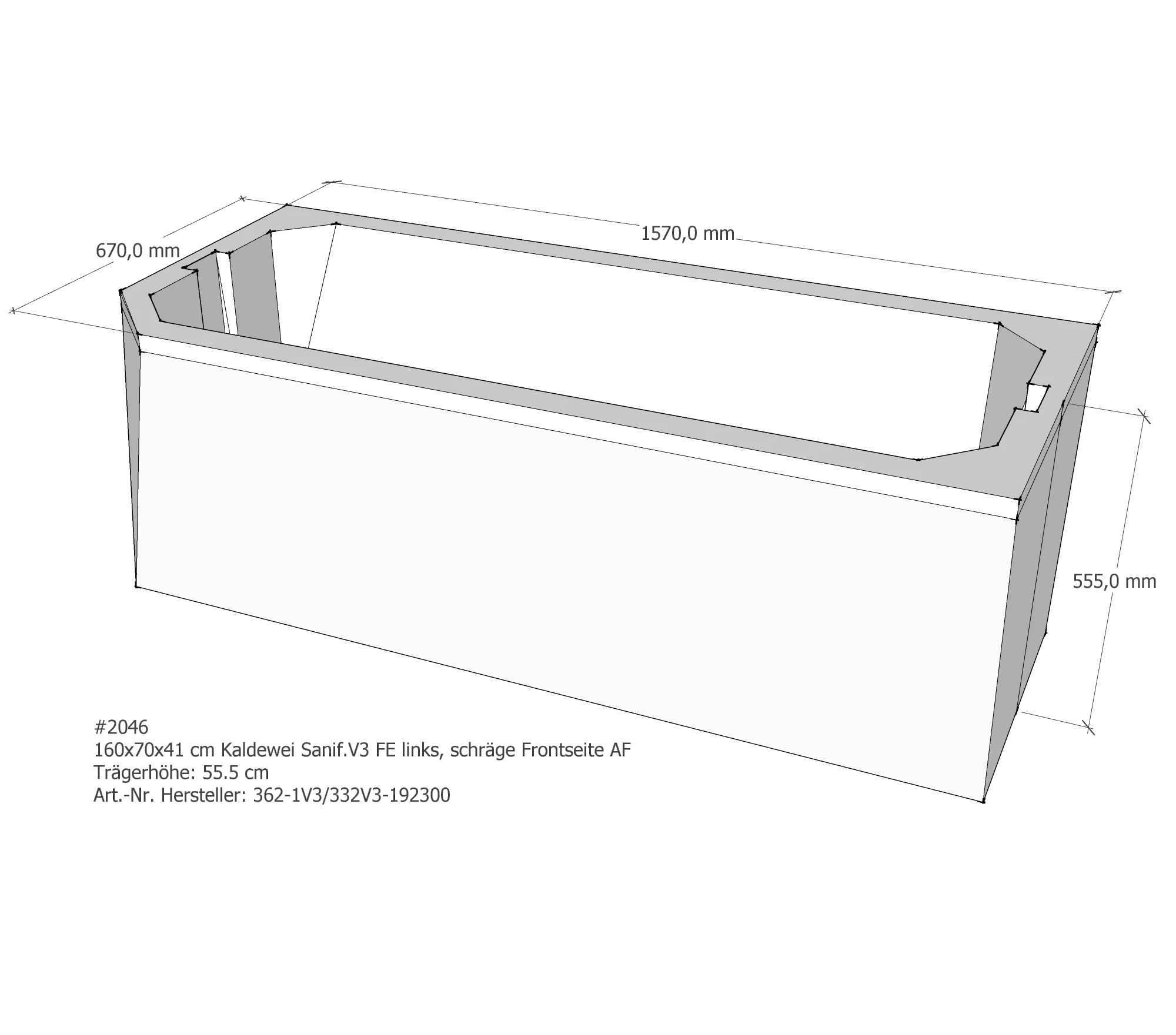 Badewannenträger für Kaldewei Saniform V3 FE links schräge Frontseite 160 × 70 × 41 cm Badewannenträger für Kaldewei Saniform V3 FE links schräge Frontseite 160 × 70 × 41 cm