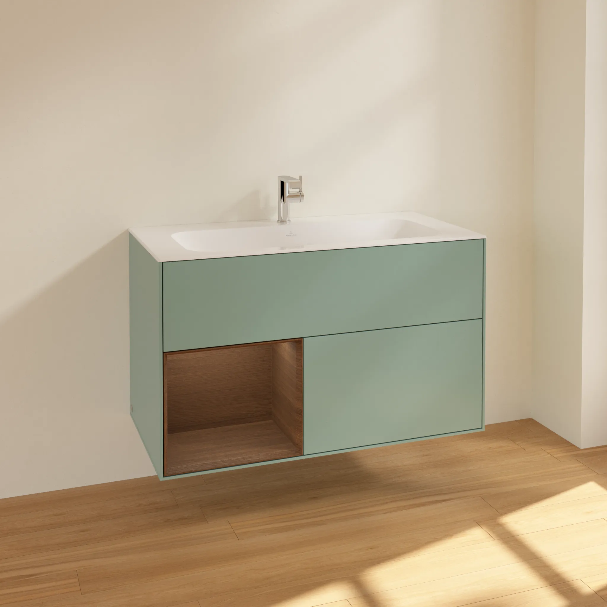 Villeroy & Boch Finion Waschbeckenunterschrank F03 996x591x498mm Olive Matt Lacquer/Walnut Veneer
