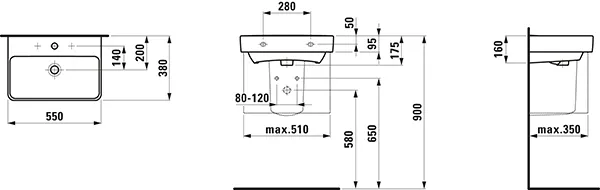 Waschtisch kompakt PRO S 380x550x175 1 Hahnloch mit Überlauf weiß