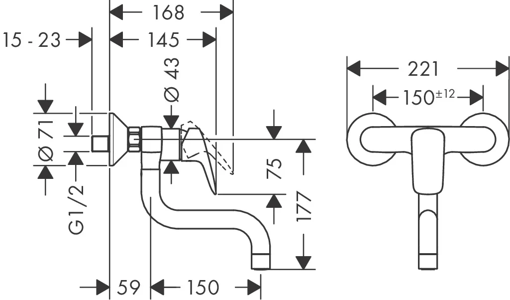 Hansgrohe Logis M31 Einhebel-Küchenmischer, Wandmontage Lowspout, 1-Jet, Chrom, Schwenkbereich 220°, Normalstrahl, Stichmaß 150 ± 12 mm, max. Durchflussmenge 13 l/min, Keramikmischsystem, einstellbare Temperaturbegrenzung, für Durchlauferhitzer geeignet