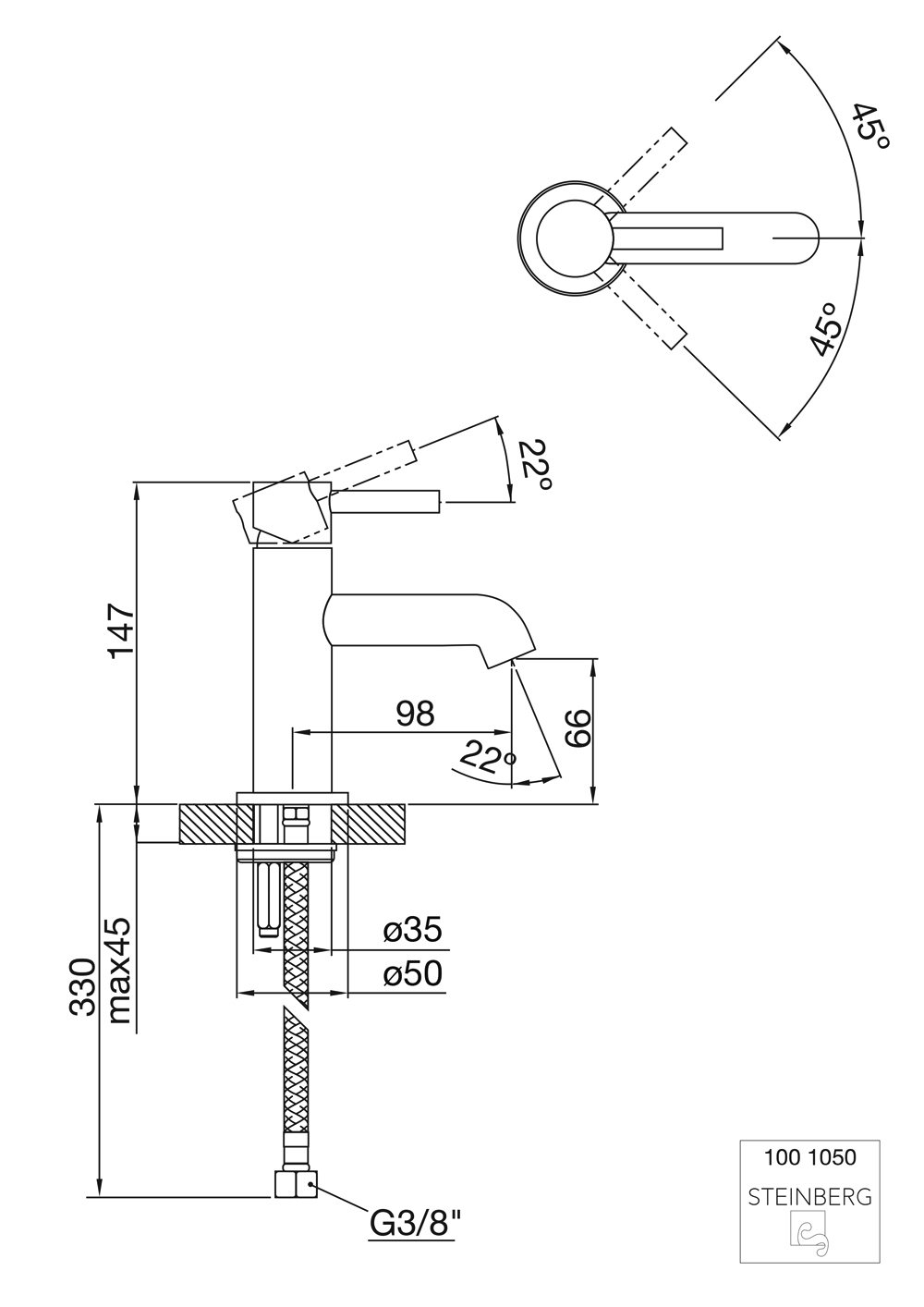 Serie 100 Waschtisch-Einhebelmischbatterie ohne Ablaufgarnitur, Kleine Version, Ausladung: 9 cm