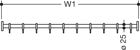 Vorhangstange, Sonderlängen des Systems 900, Edelstahl, PVD, Länge auf Maß von 400 bis 1500 mm, kürzbar, D: 25 mm, mit Vorhangringen aus POM, in Farbe CK (messing glänzend)